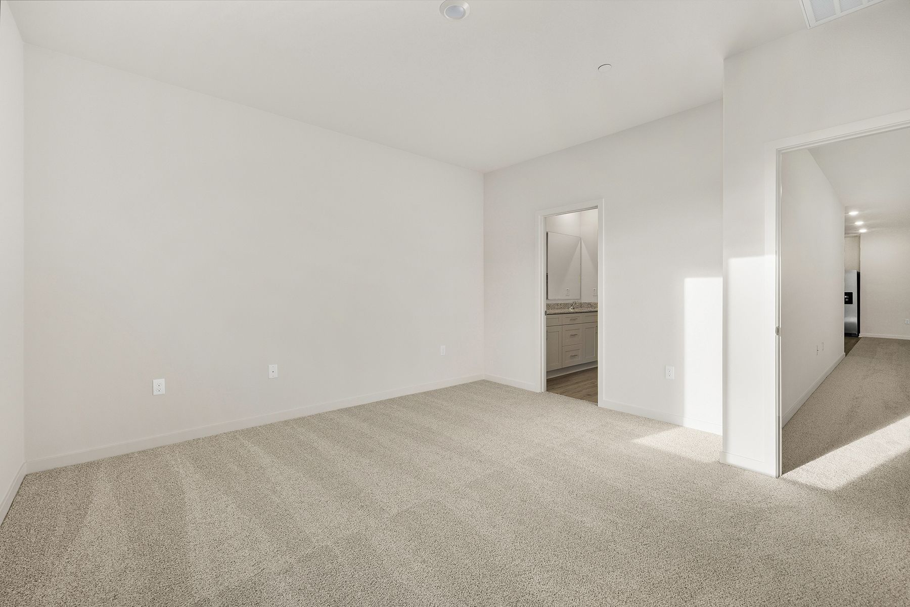 The master bedroom is spacious and has carpet.
