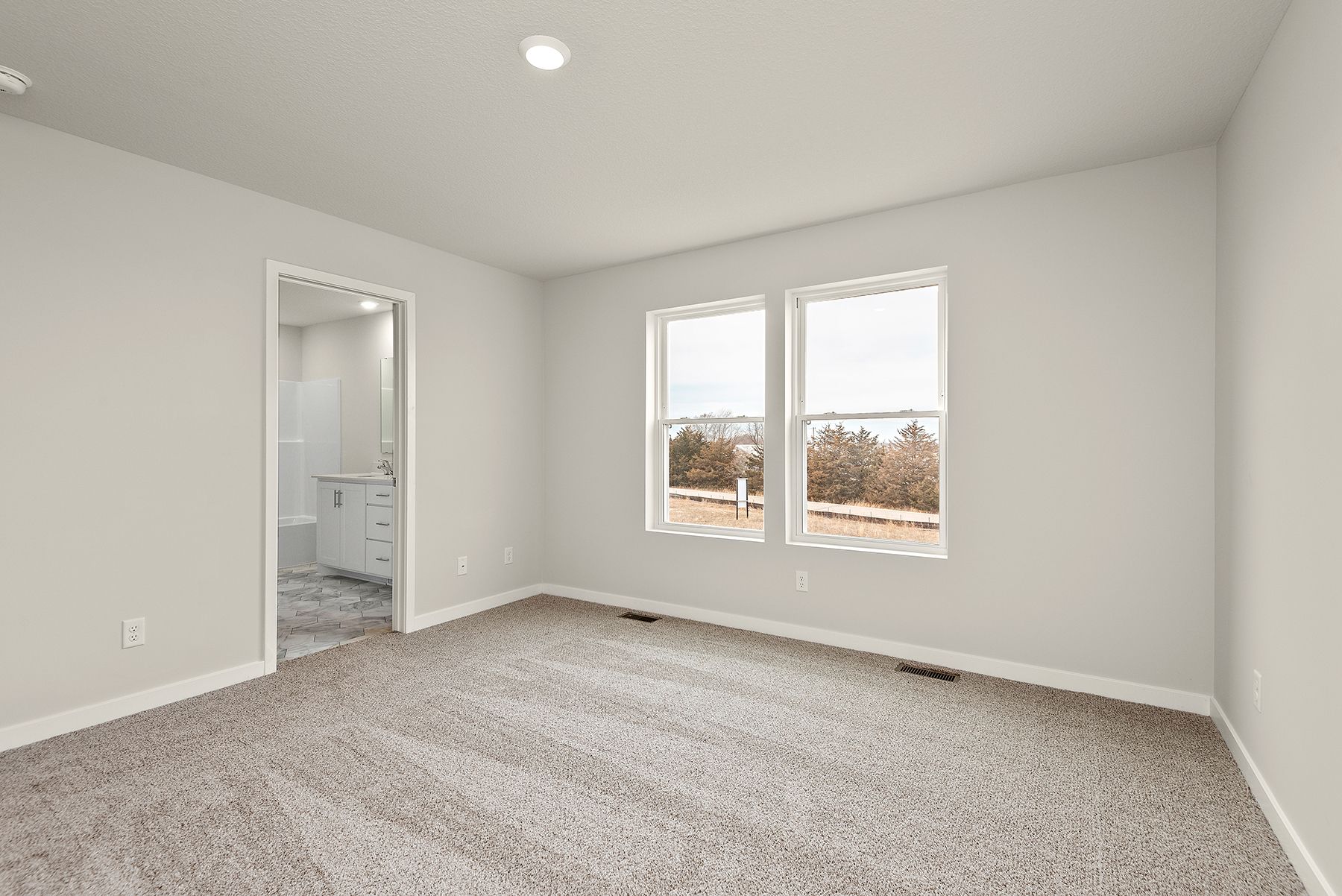 The master bedroom is spacious and has carpet.