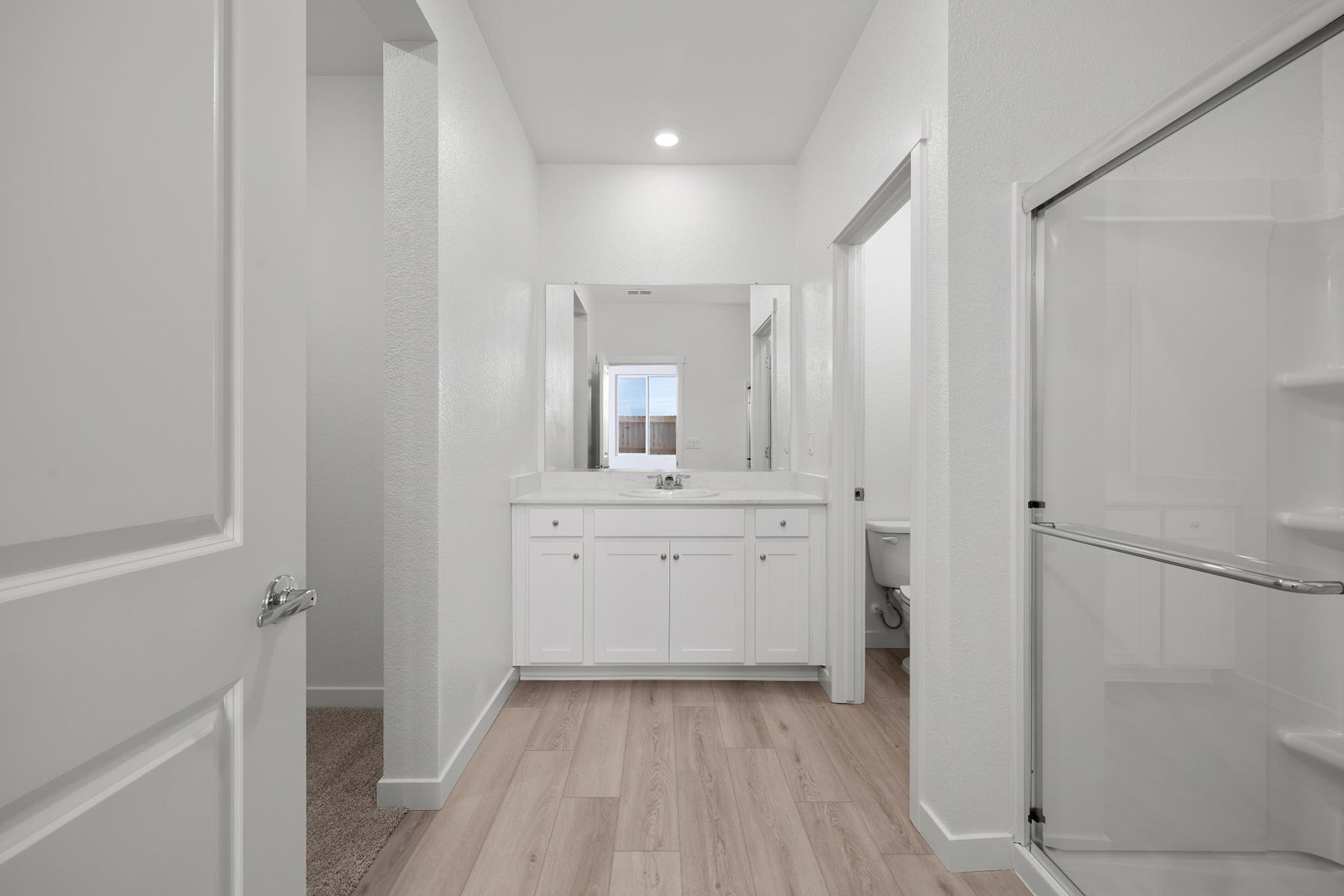 The master bathroom has a large vanity and a step in shower.