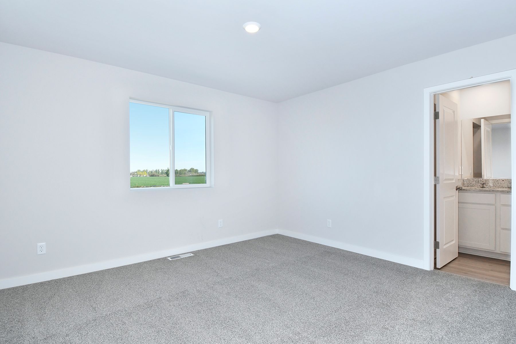The master bedroom is spacious and has carpet.