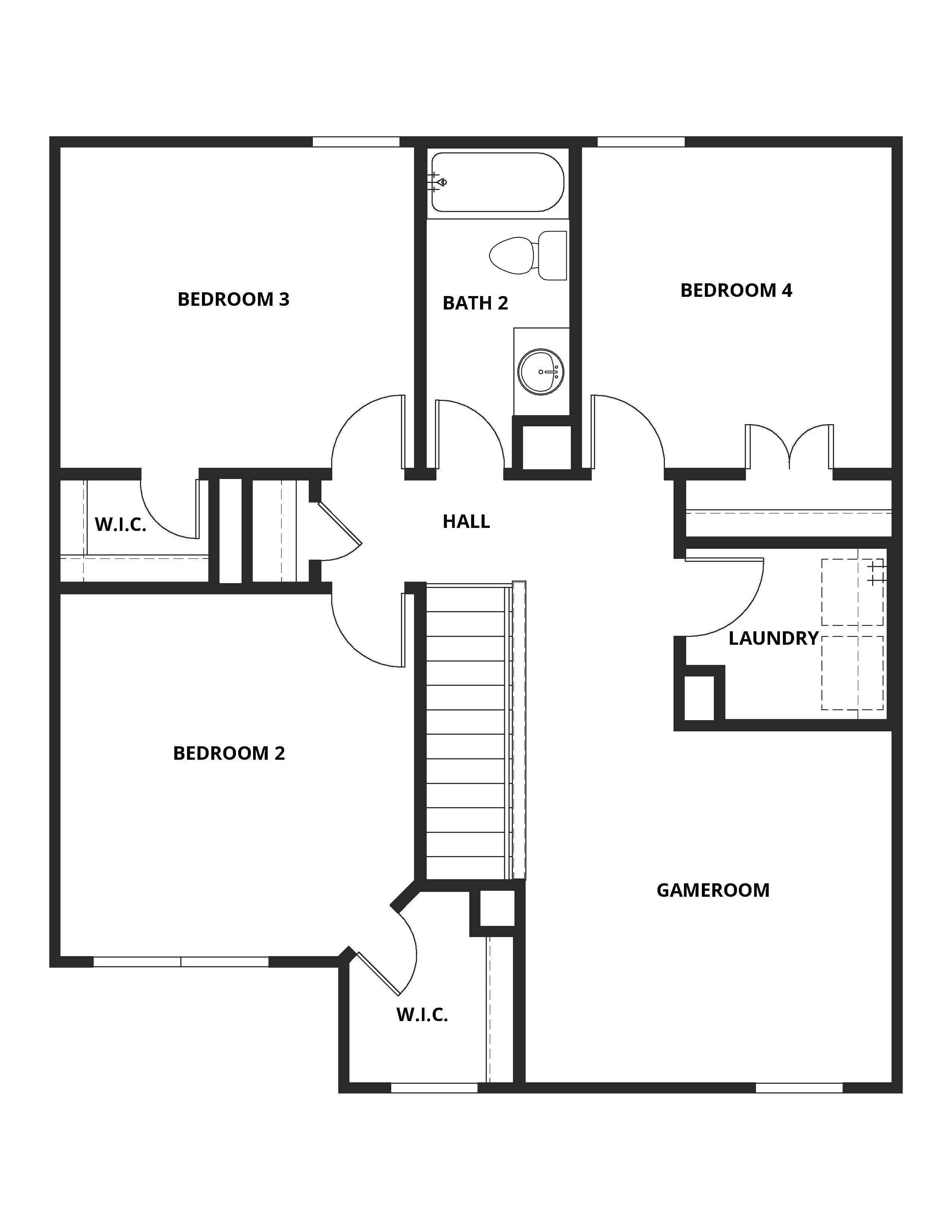 The second floor of the Primrose has three secondary bedrooms, a secondary bathroom and a gameroom loft.
