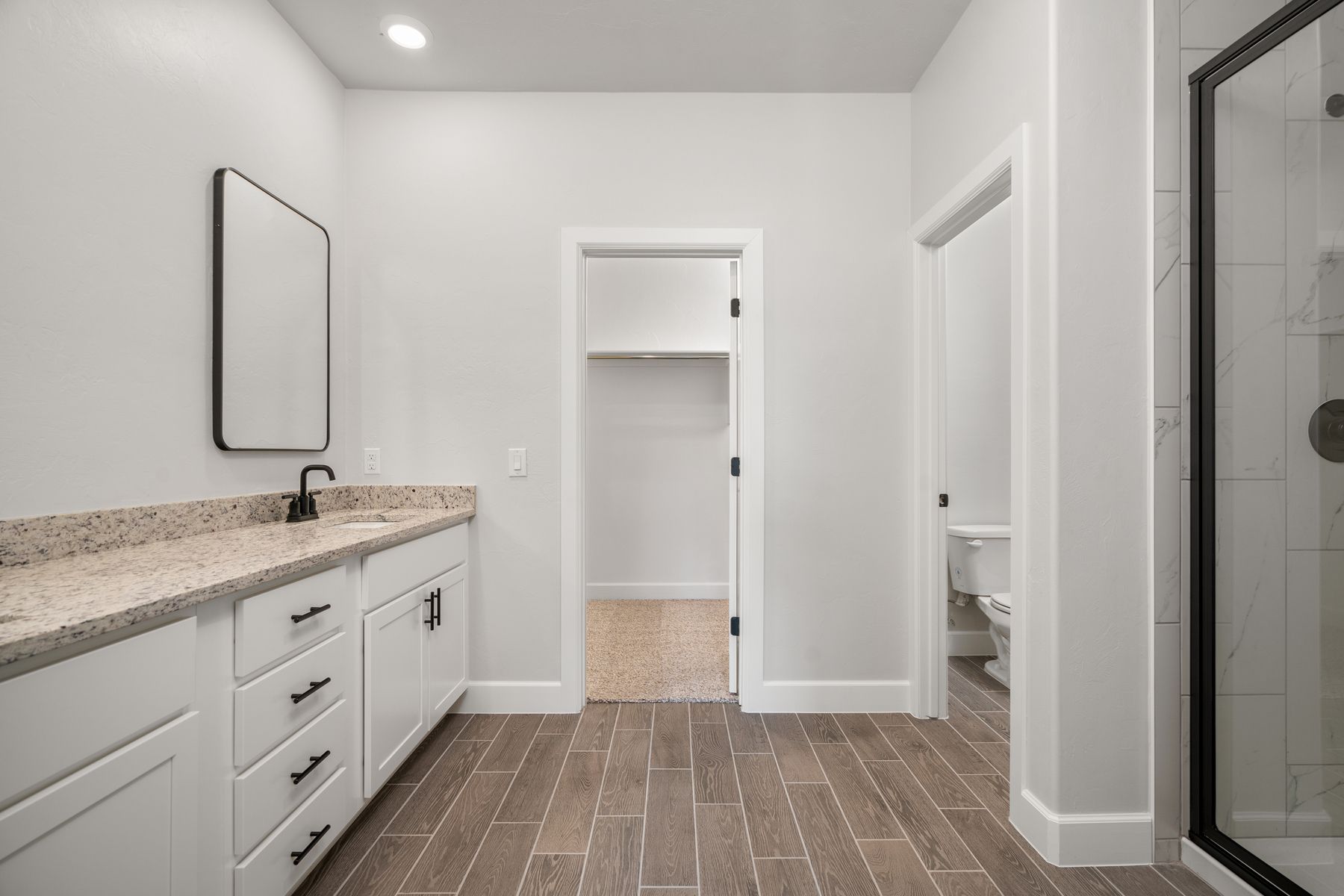 The master bathroom has a large vanity space and glass, walk-in shower.