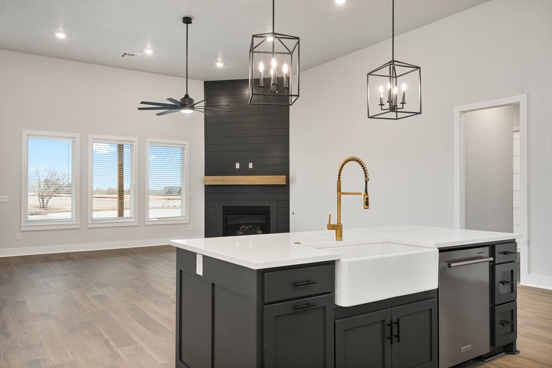 The kitchen of the Hefner sits right next to the family room.
