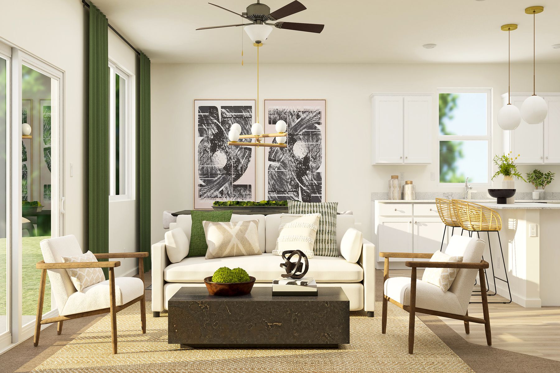 The family room is spacious with a ceiling fan.