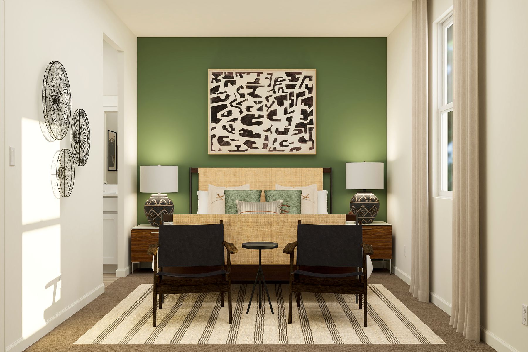 The master bedroom is spacious and has carpet.