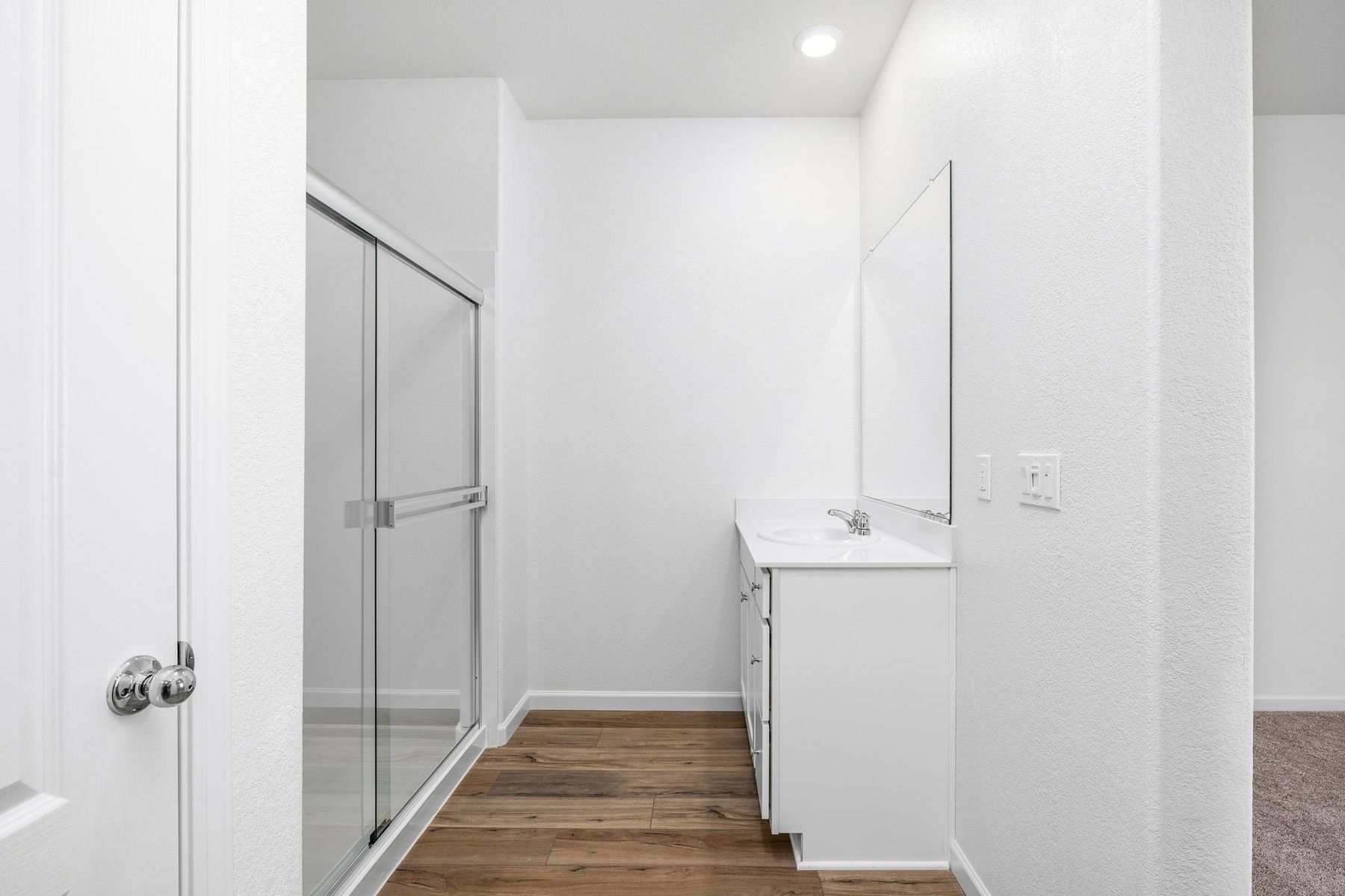The master bathroom has a large vanity and a step in shower.