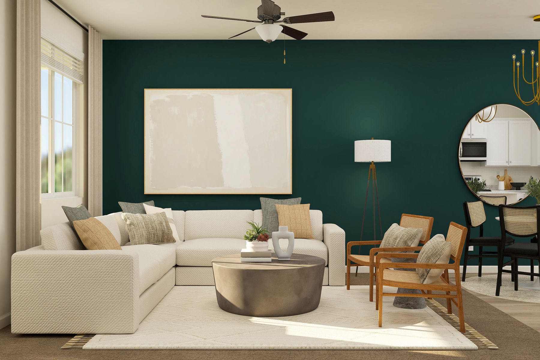 The family room is spacious with a ceiling fan.