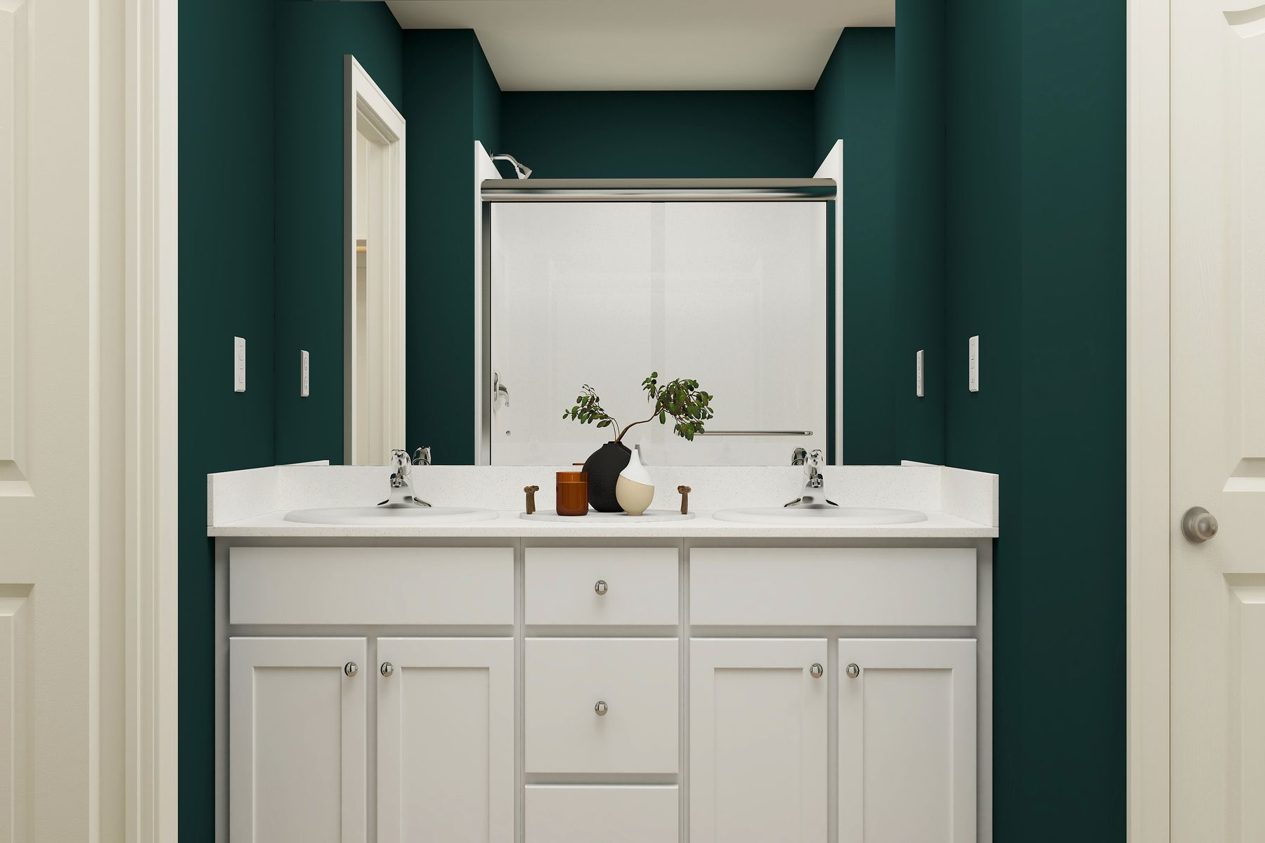 The master bathroom has a dual sink vanity.