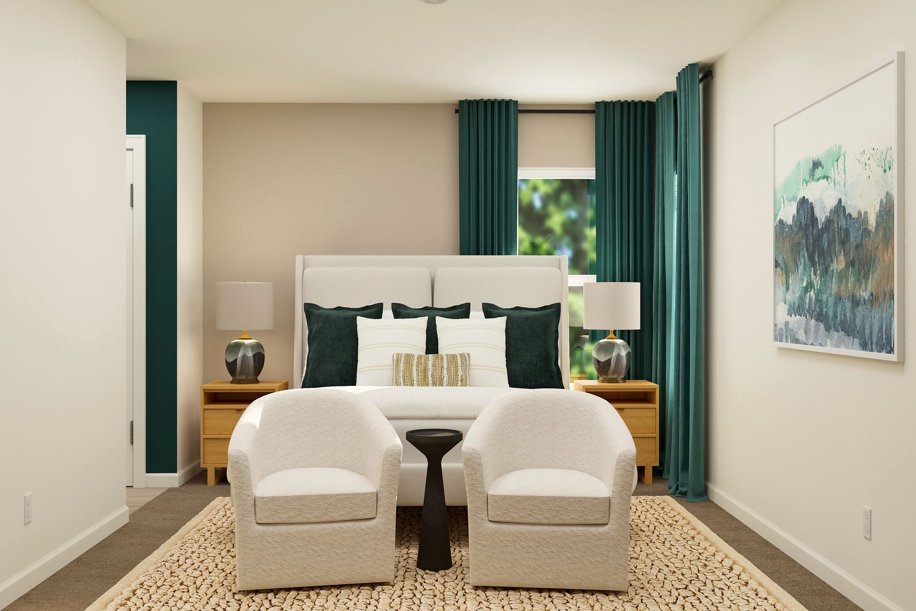 The master bedroom is spacious and has carpet.