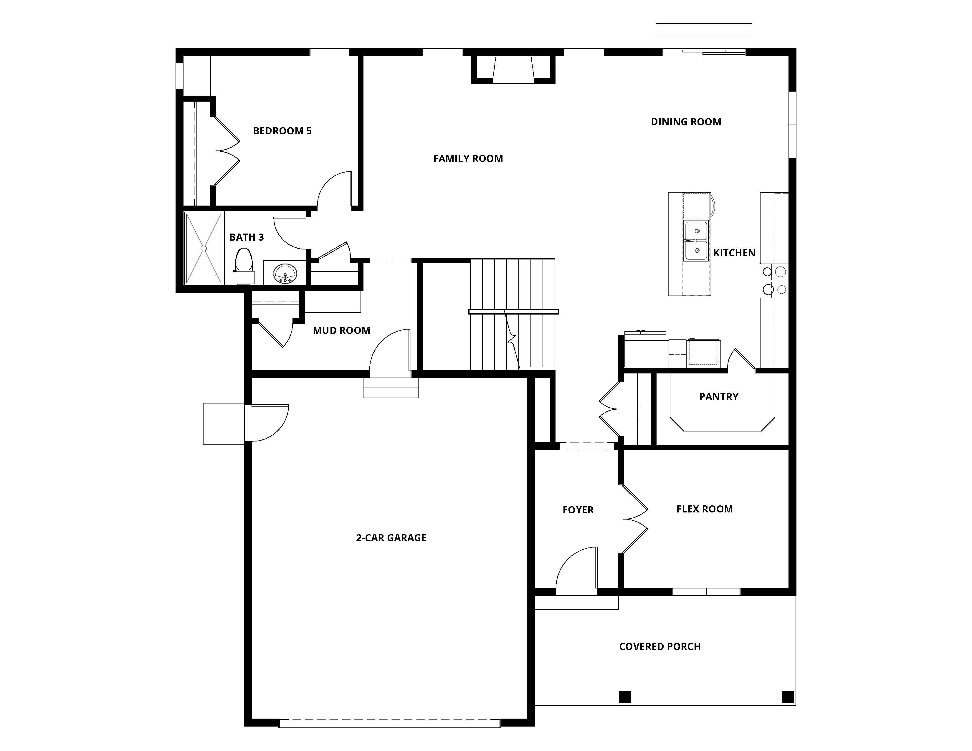 The first floor of the Mahogany floor plan has open concept living spaces and a guest suite.