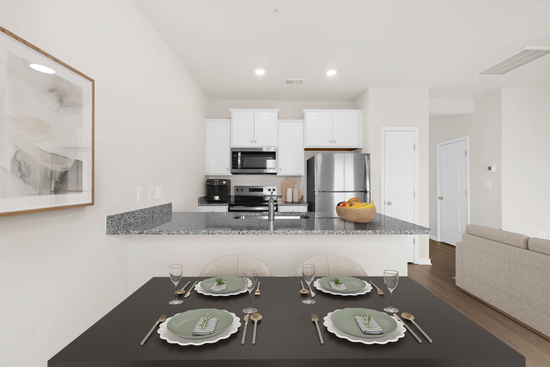 The kitchen comes with wood cabinetry