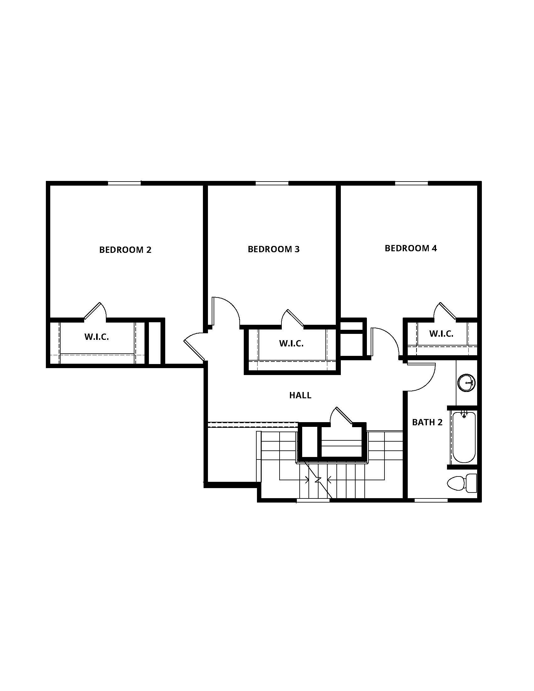 The second floor of the Cypress has the secondary bedrooms and bathroom.