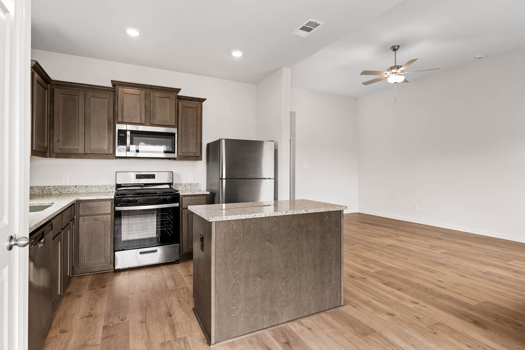 The kitchen has a convenient kitchen island.