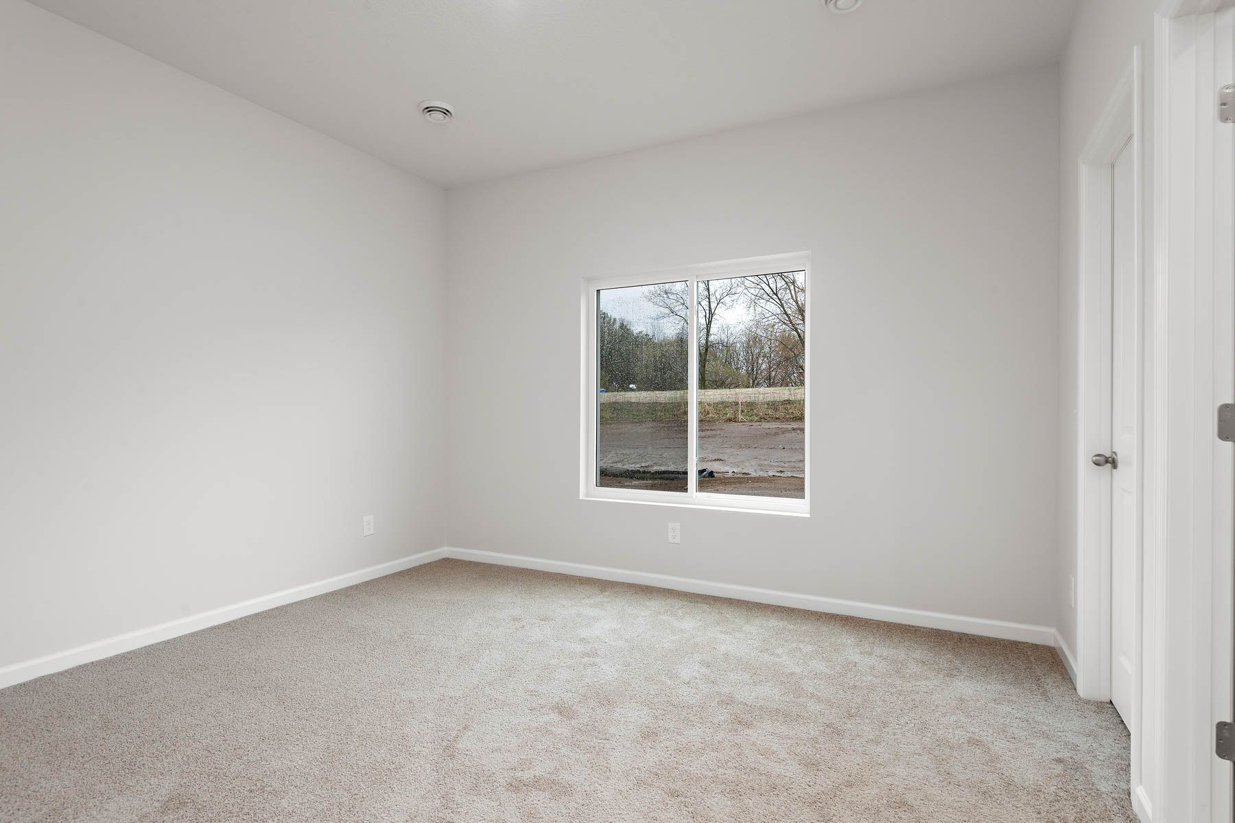 The master bedroom is spacious and has carpet.