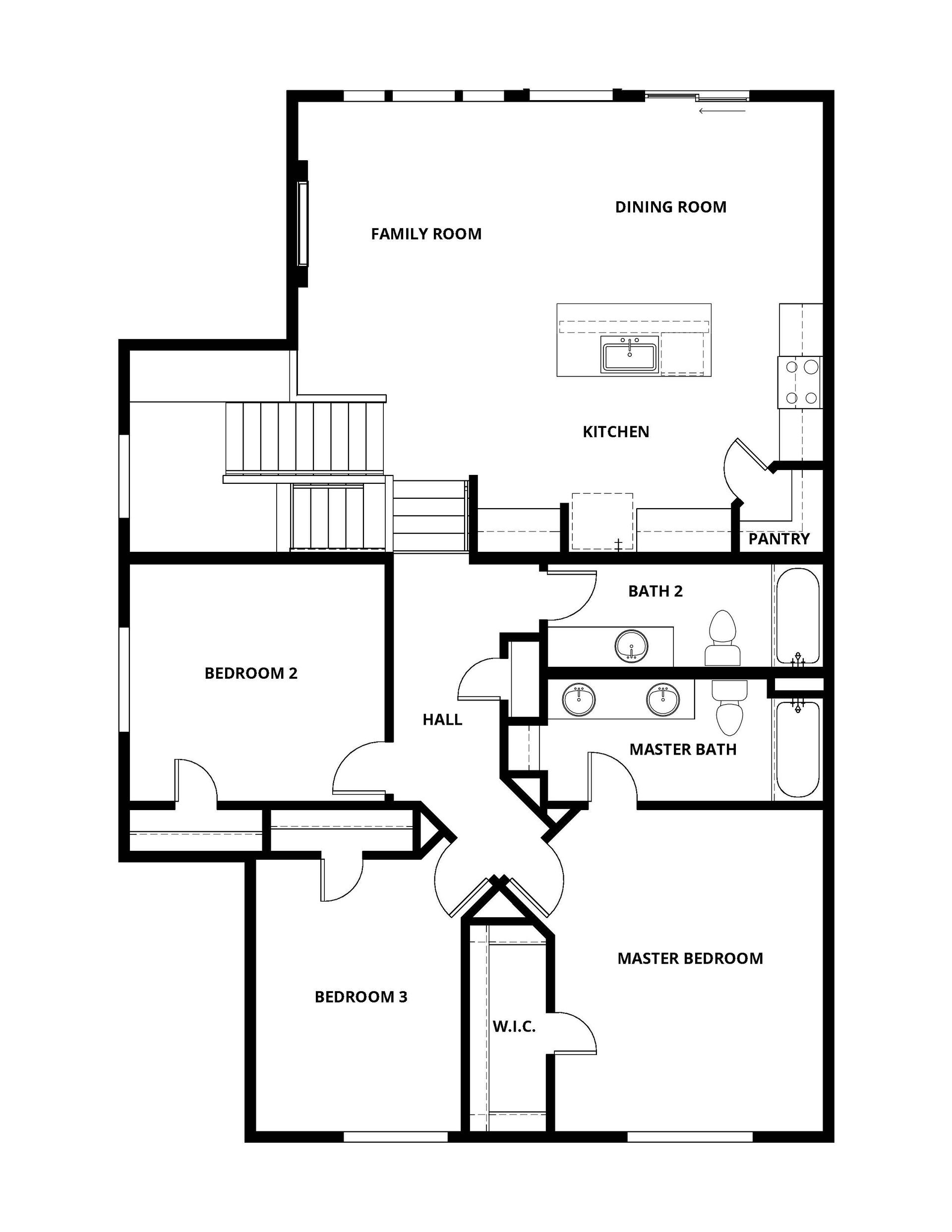 The second floor of the Henderson has the family room, kitchen and bedrooms.