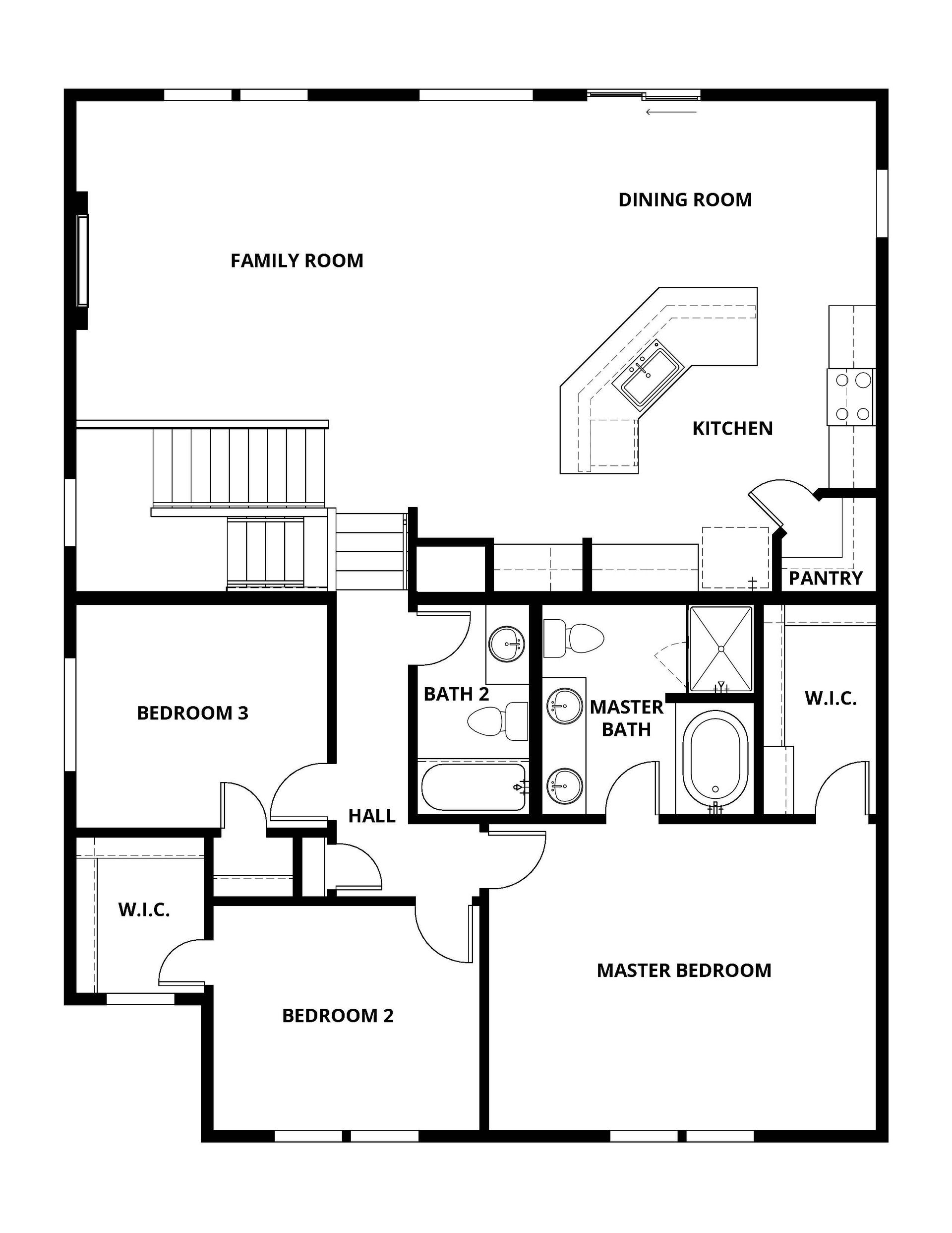 The main floor of the Rachel has the kitchen, family room and master.