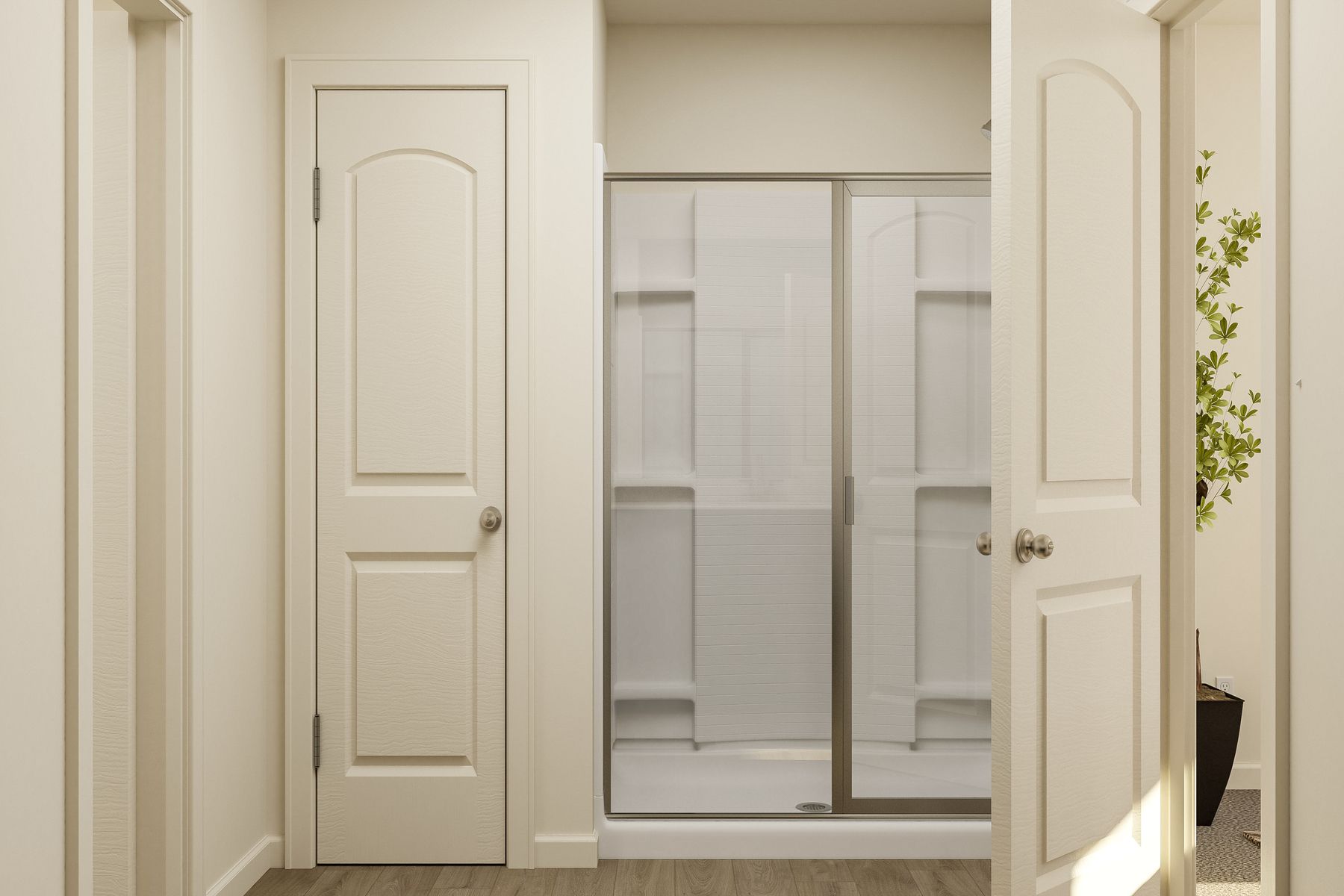 The master bathroom has a glass-enclosed shower