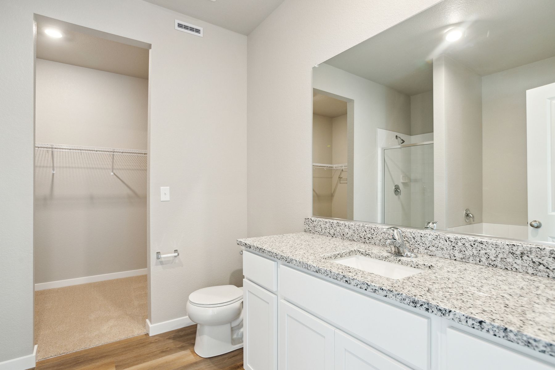 The master bathroom has a large vanity.