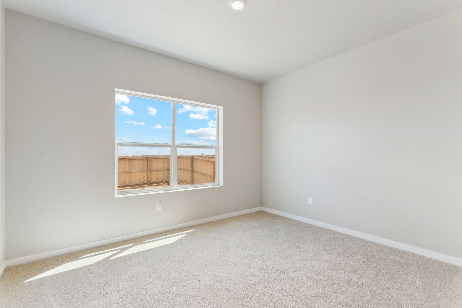 The master bedroom is spacious and has carpet.