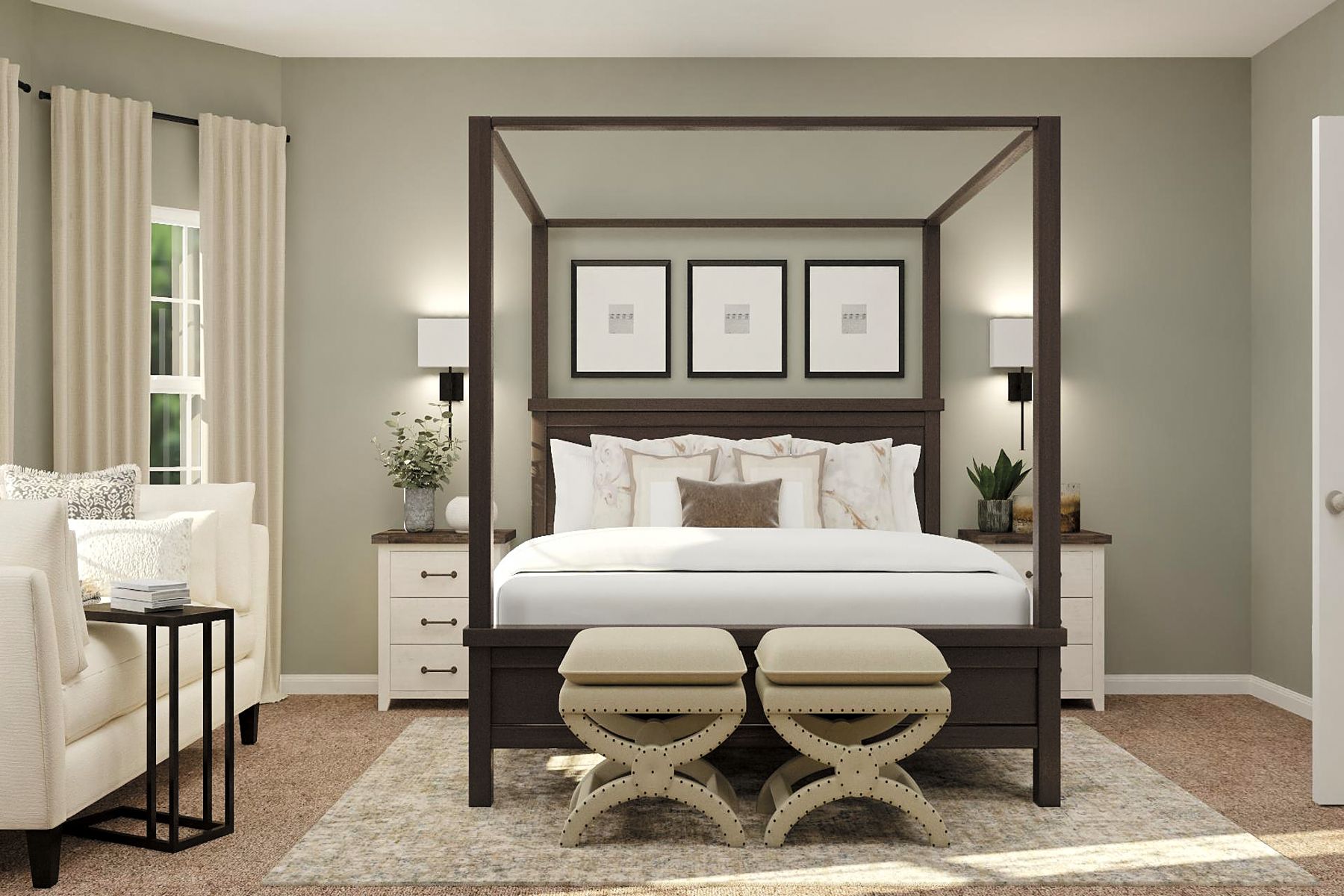 The master suite has plenty of space for all of your king-sized furniture.