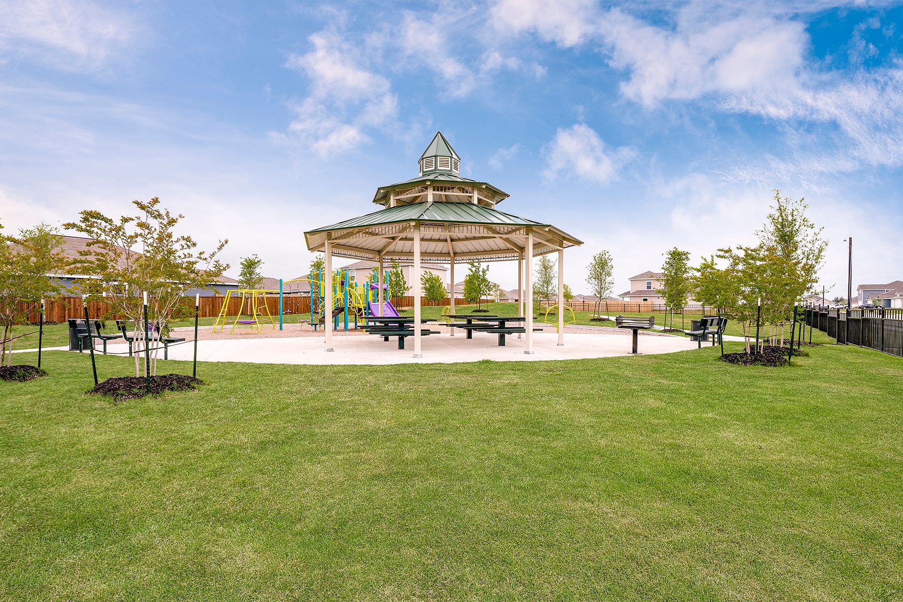 The park has a beautiful gazebo with picnic tables.