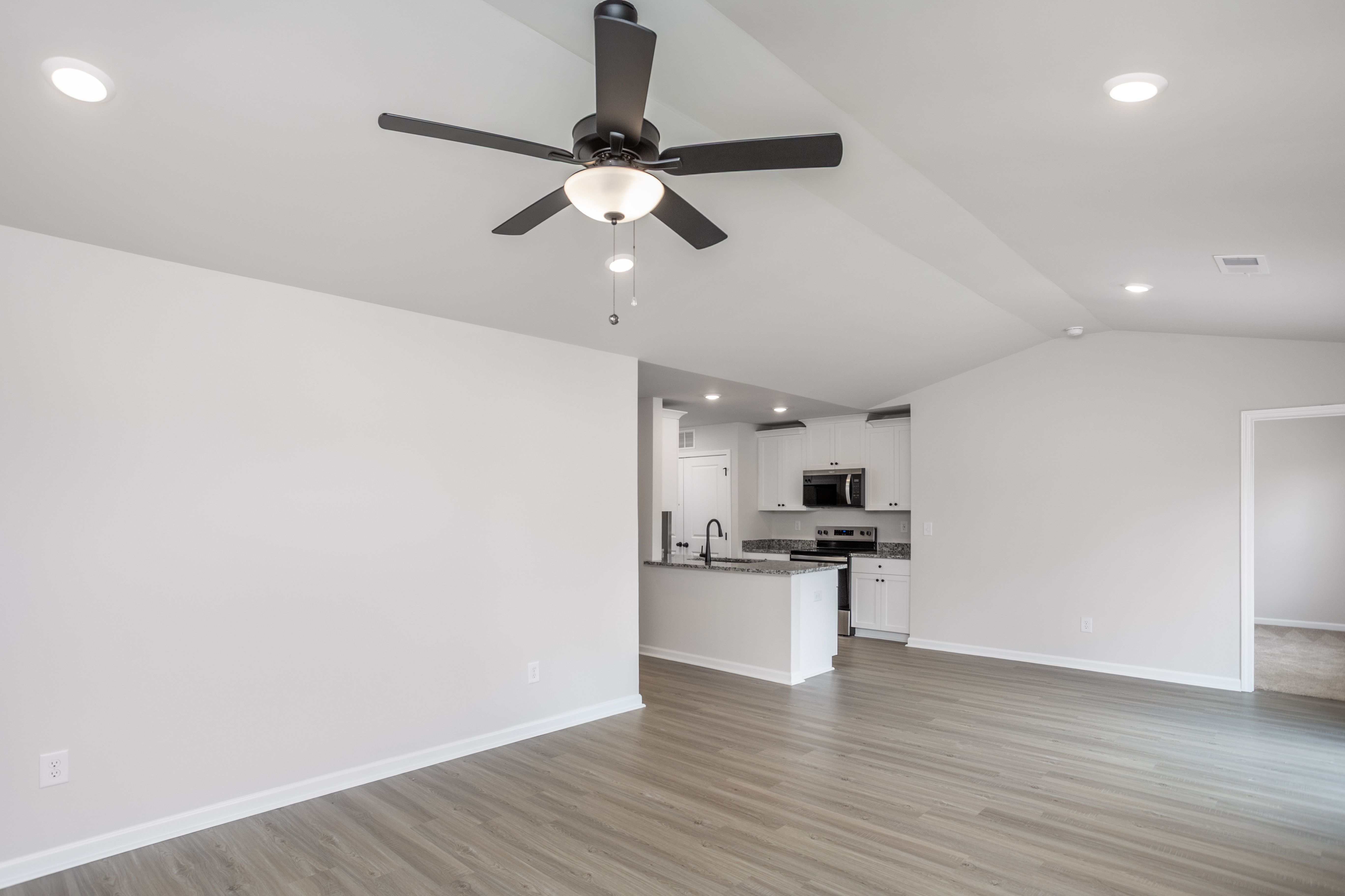 Living room has vinyl plank flooring