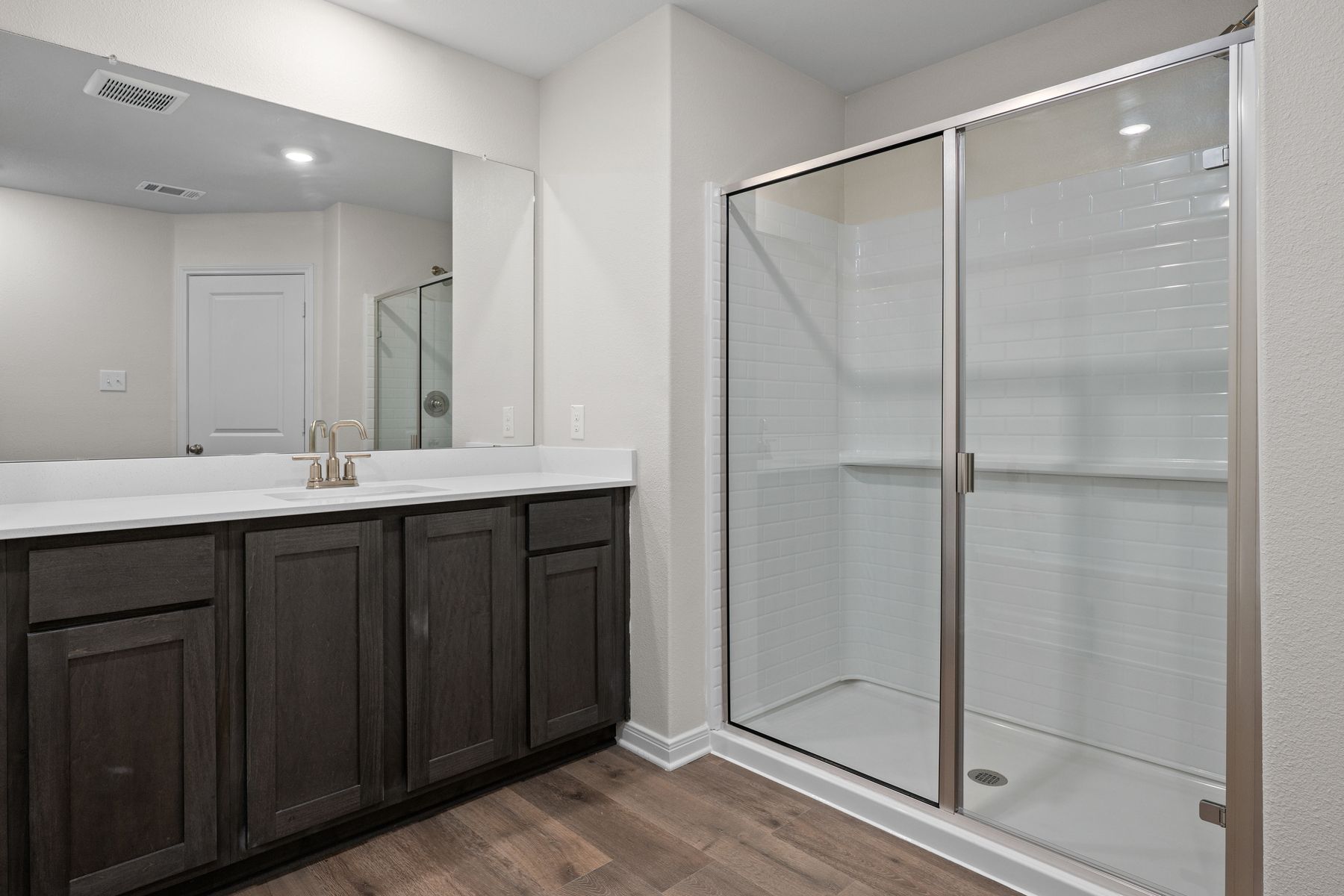 The master bathroom has a large vanity space and glass, walk-in shower.