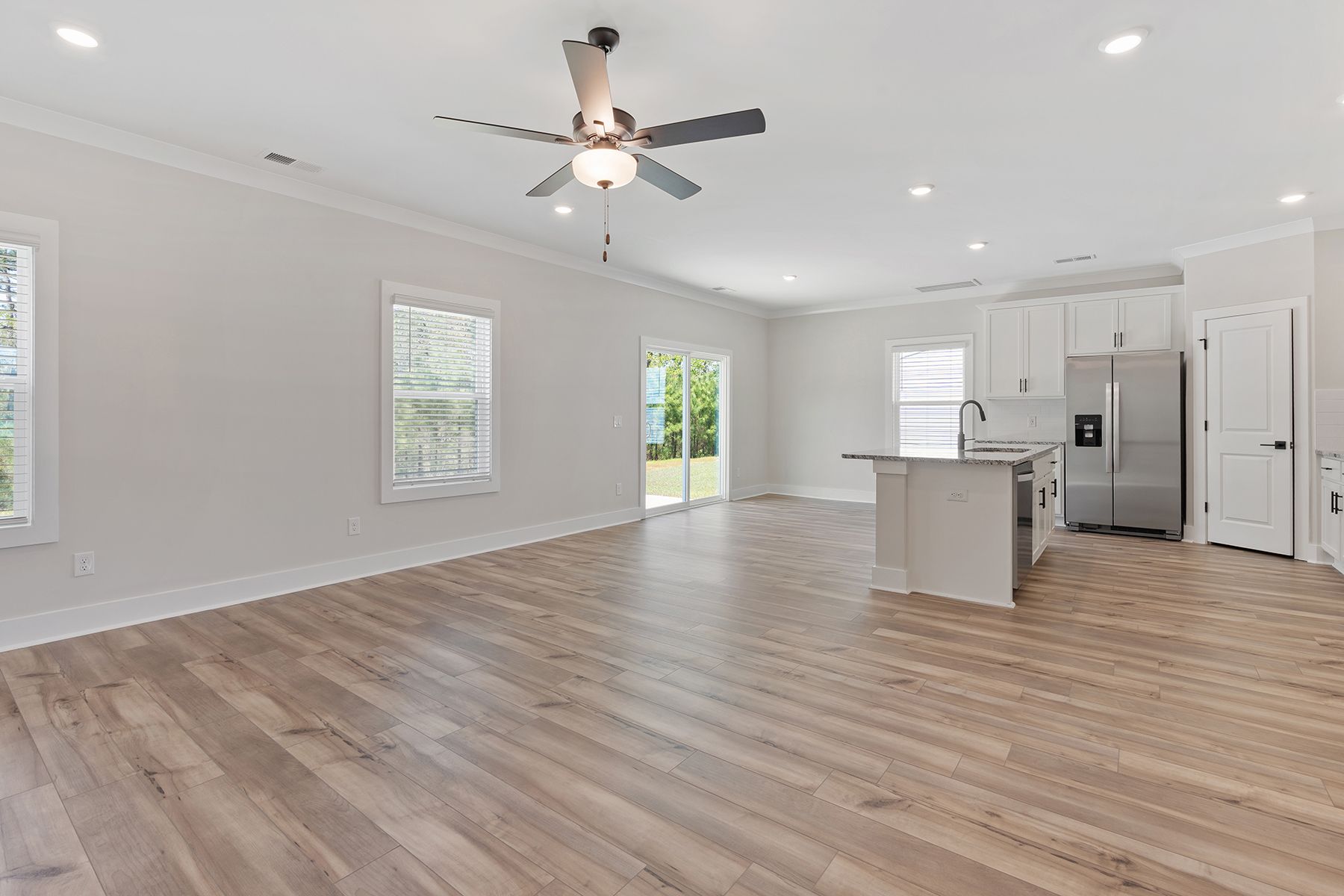 The kitchen overlooks the dining area