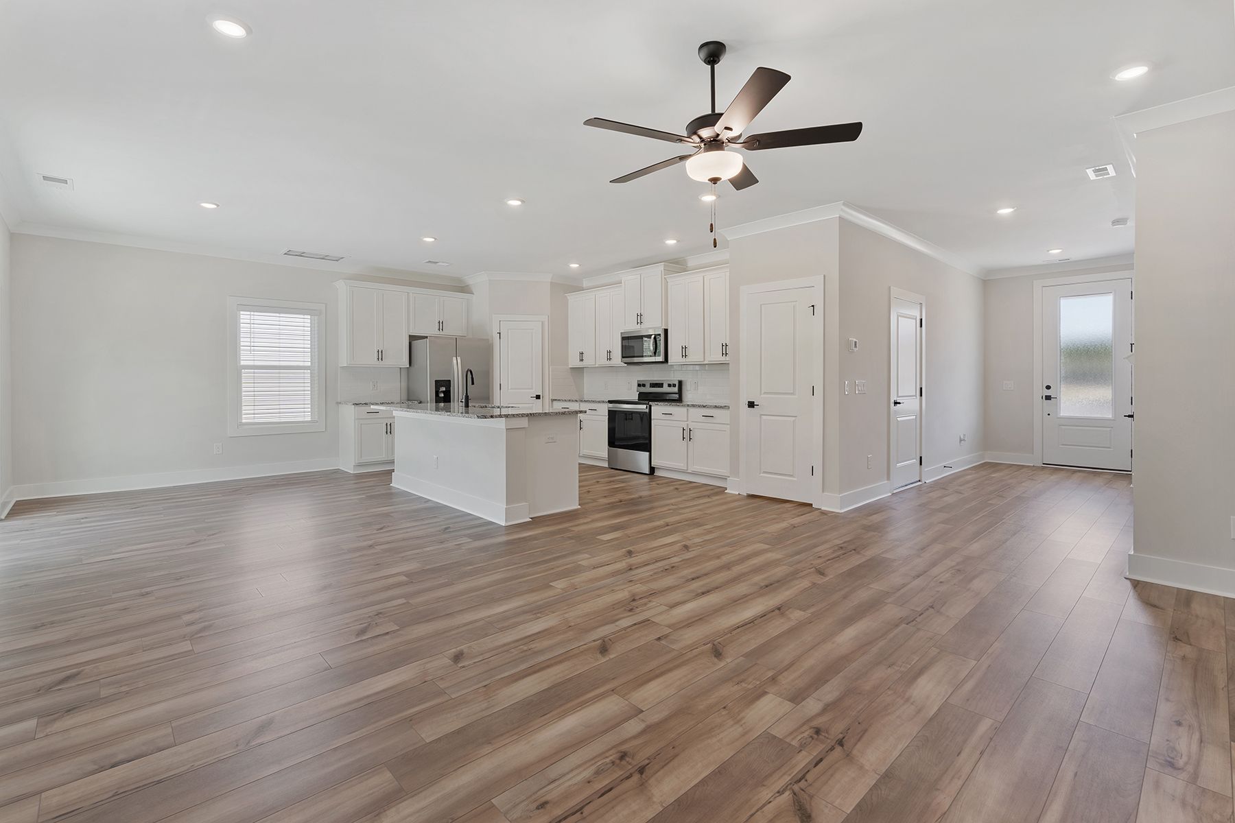 The kitchen overlooks the dining area