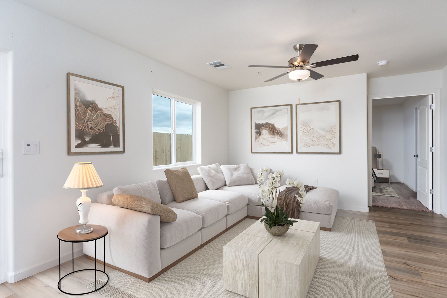 The family room is off of the kitchen and dining room.