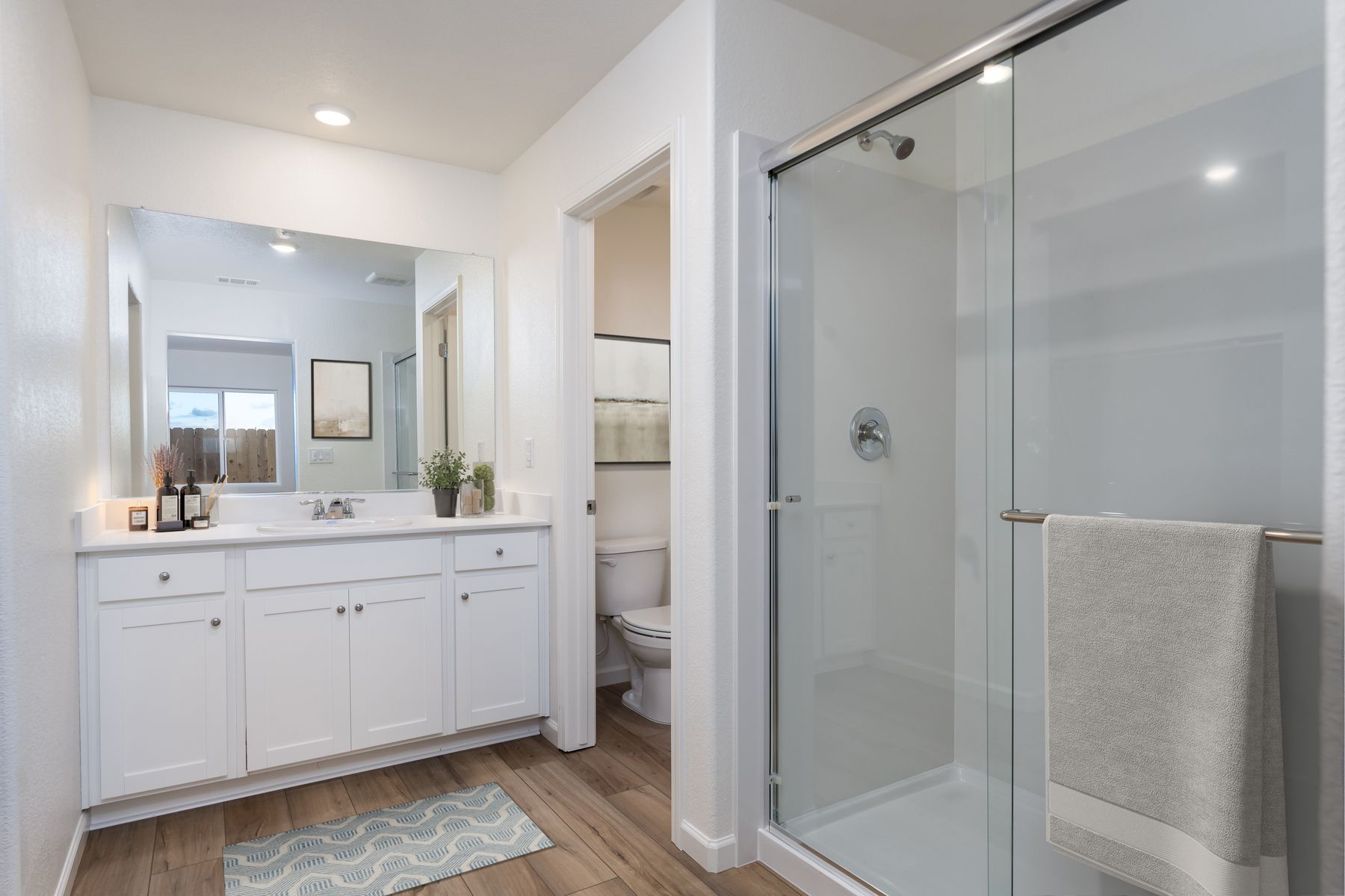 The master bathroom has a large vanity and a step in shower.