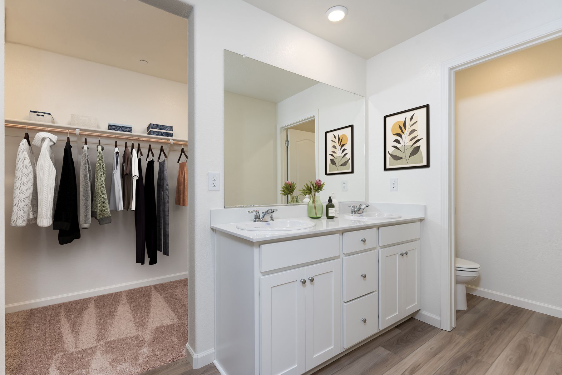 The master bathroom has a large vanity and a step in shower.