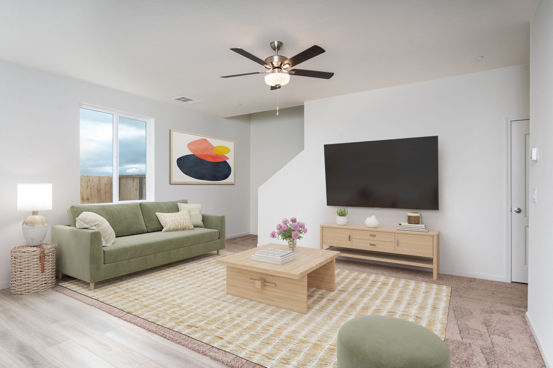 The family room is off of the kitchen and dining room.