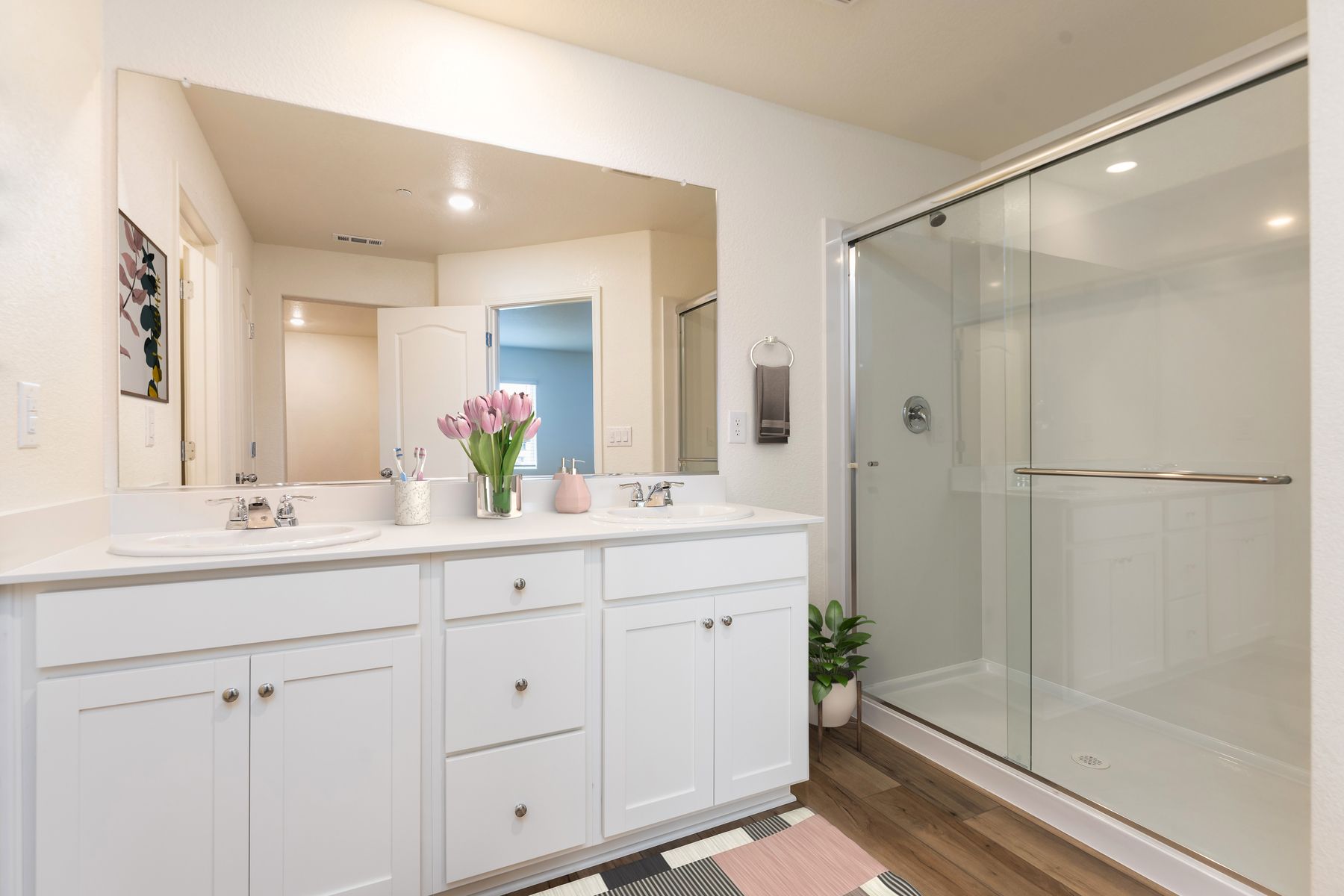 The master bathroom has a large vanity and a step in shower.