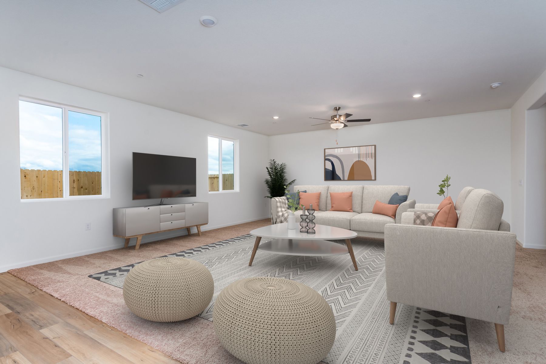 The family room is off of the kitchen and dining room.