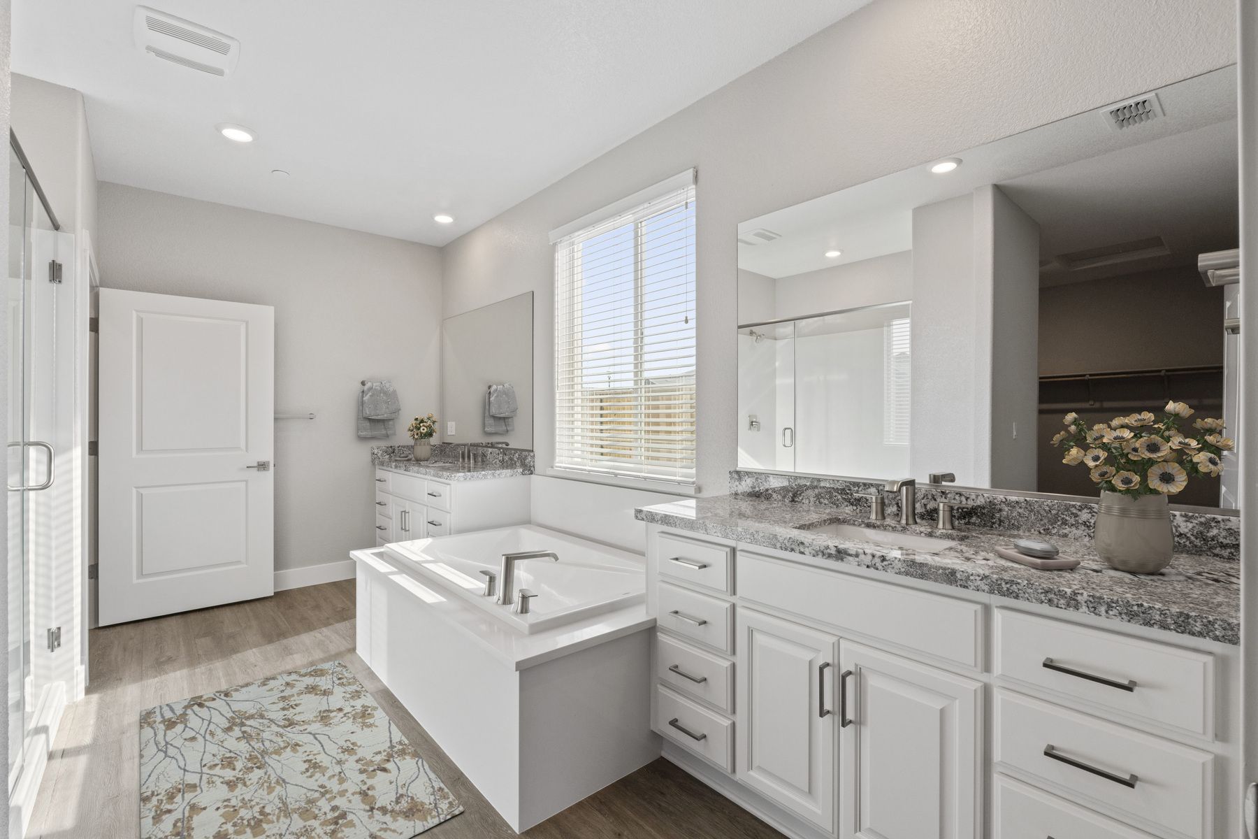 The master bathroom has a large vanity and a step in shower.