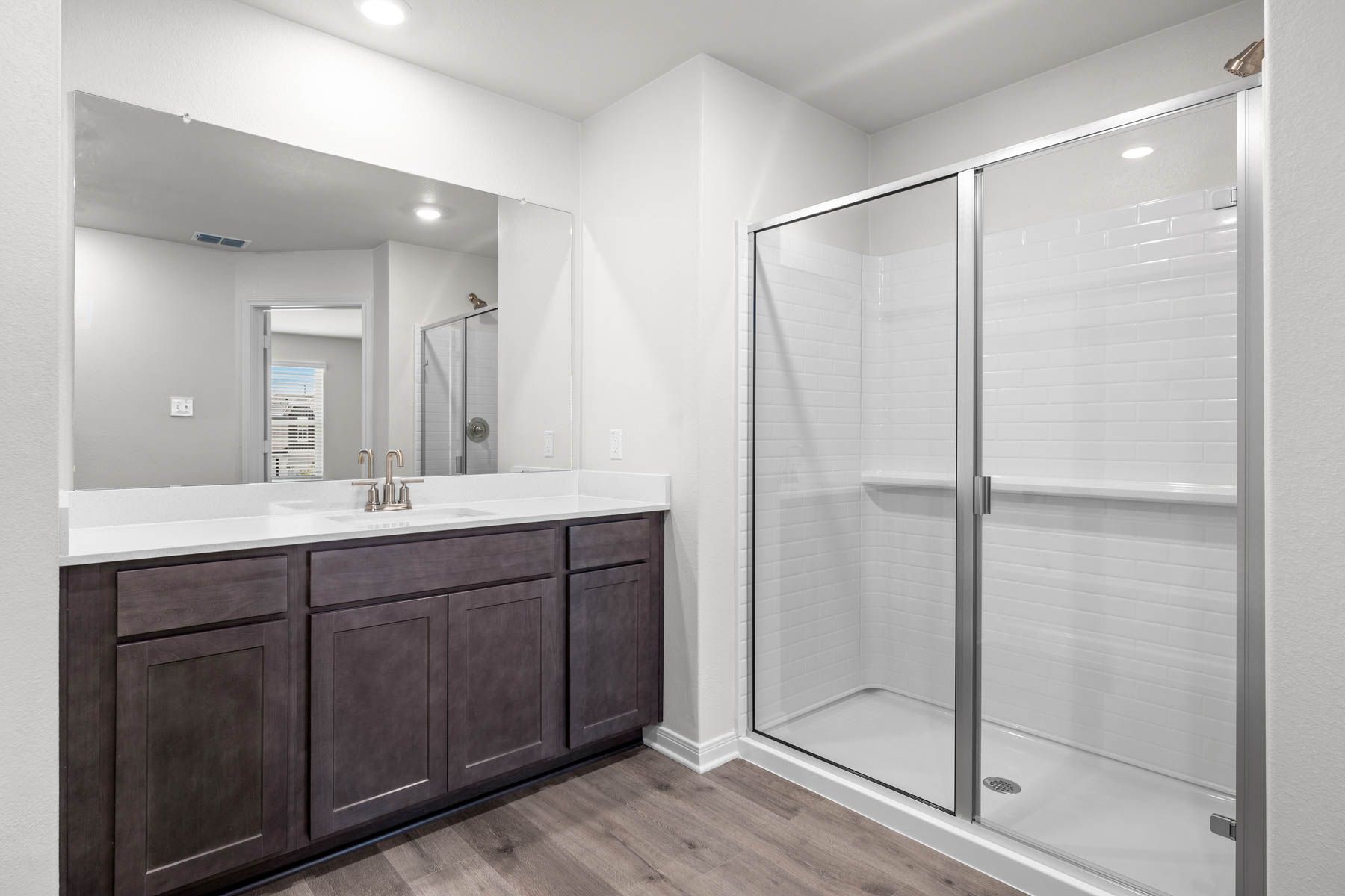 The master bathroom has a sprawling vanity and a glass, walk-in shower.