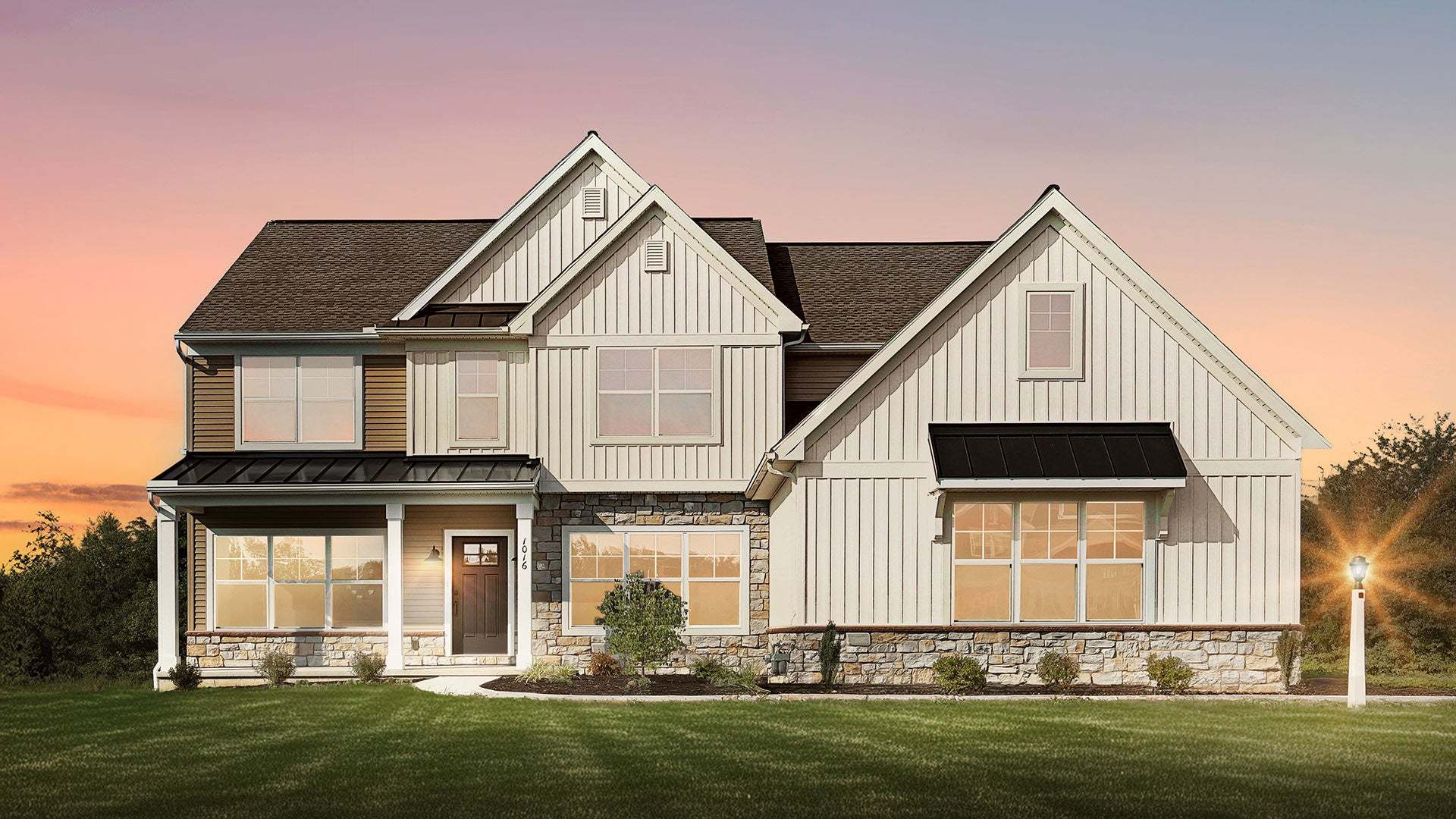 Exterior of the Kingston New Home in The Meadows at Colonial Club in Harrisburg with a Side Entry Garage