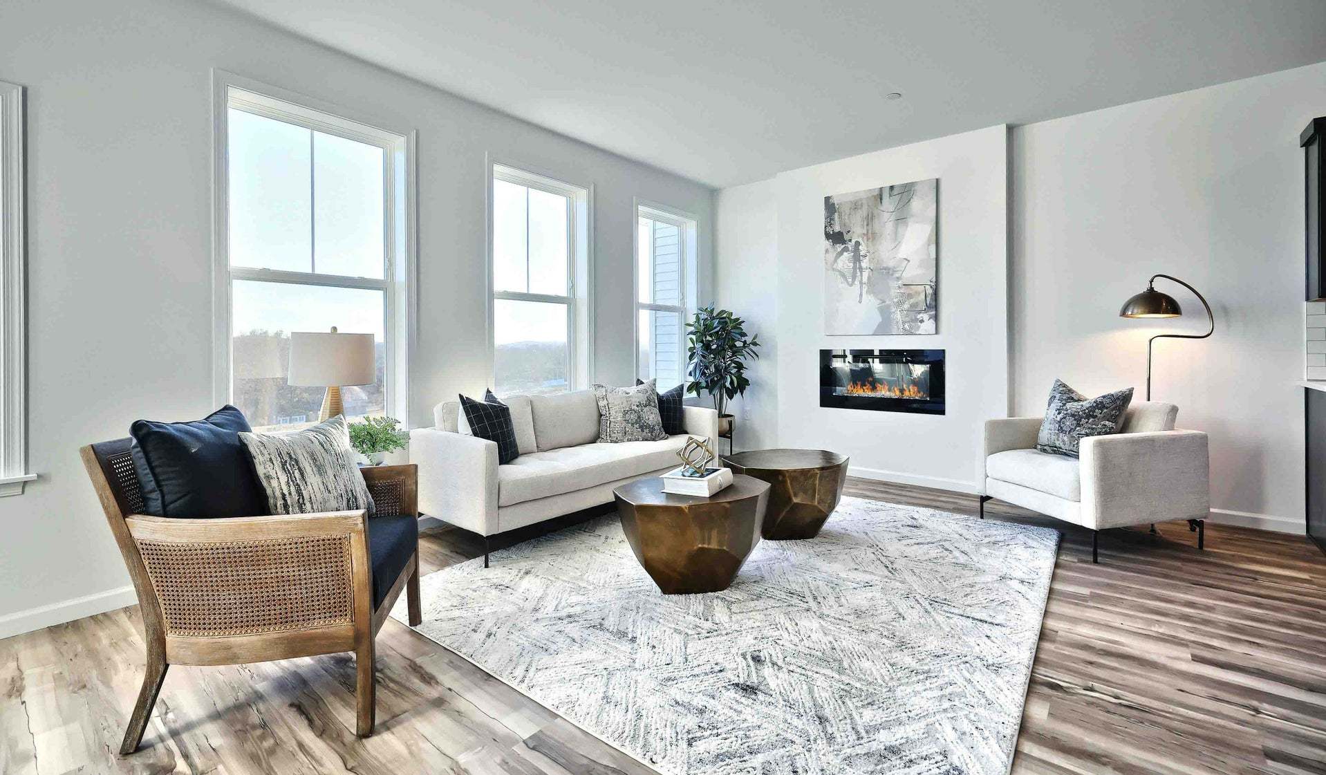 Living Room with Modern Electric Fireplace in New Townhome by Landmark Homes