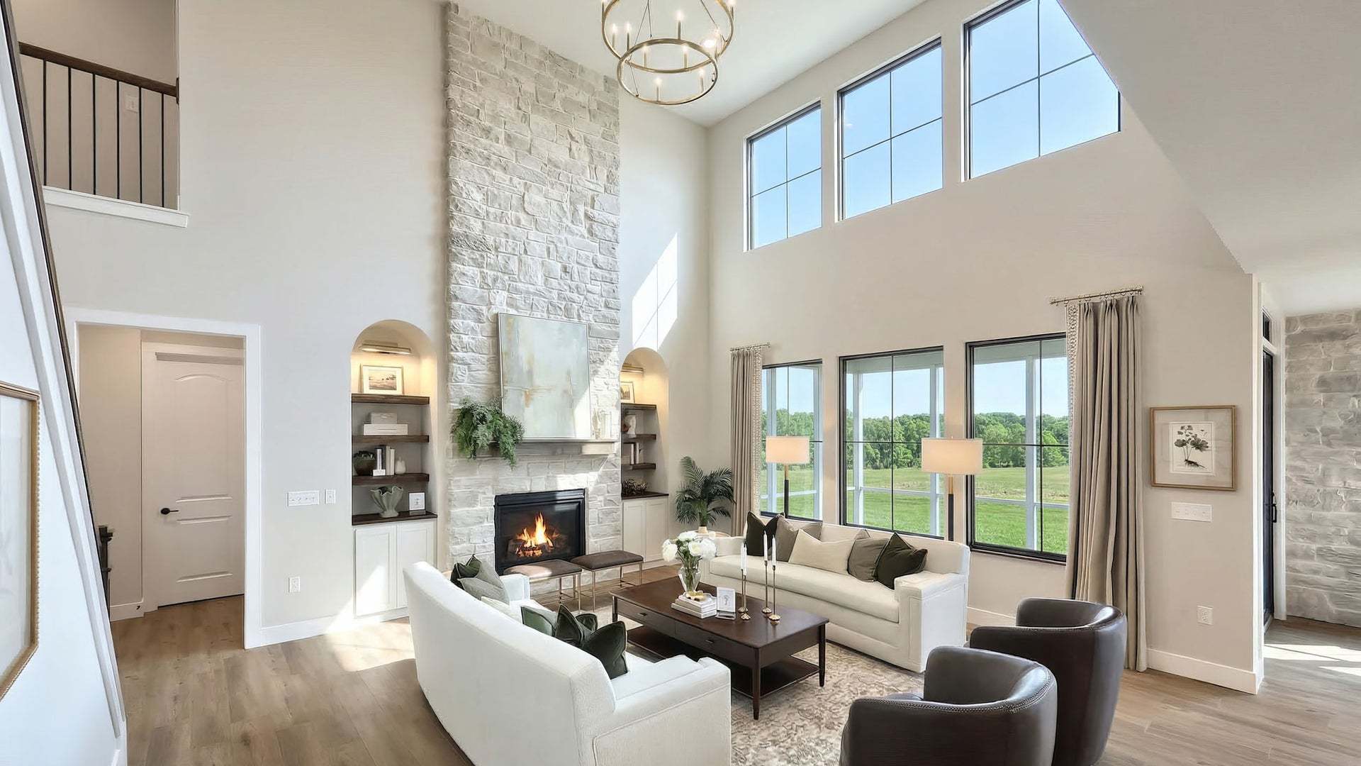 Custom Built-In Shelving and Floor to Ceiling Stone Fireplace Surround