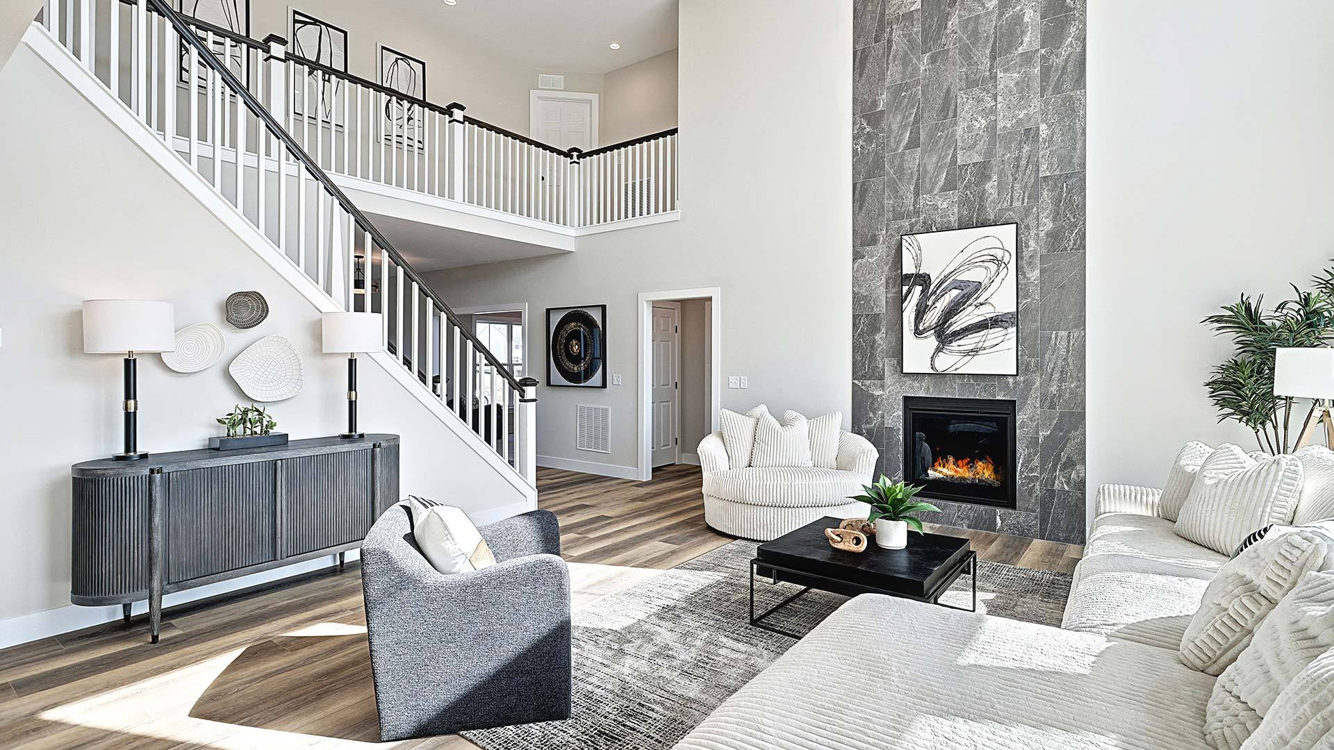 2-Story Great Room in the Sullivan Home Plan with Custom Fireplace Details