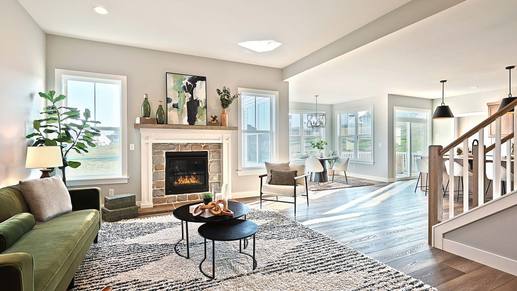 New Home for Sale with Open Living Room, Kitchen, and Dining Area