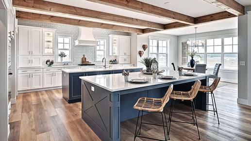 Sullivan Kitchen with Double Islands and Beamed Ceiling in Summer Layne New Home Community in PA