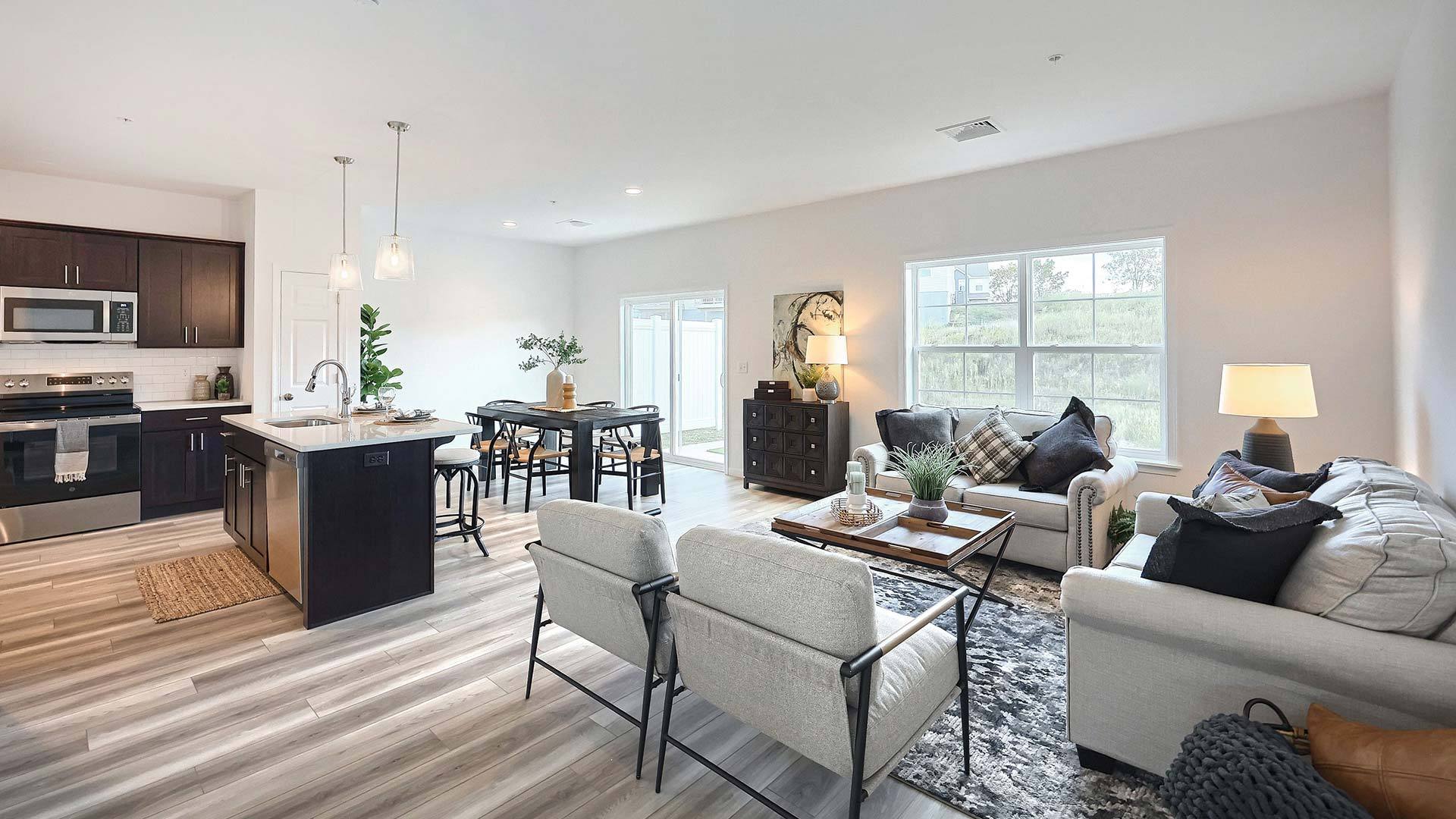 Kitchen Opens to Living Room and Dining Area in New Townhome Community in Harrisburg PA