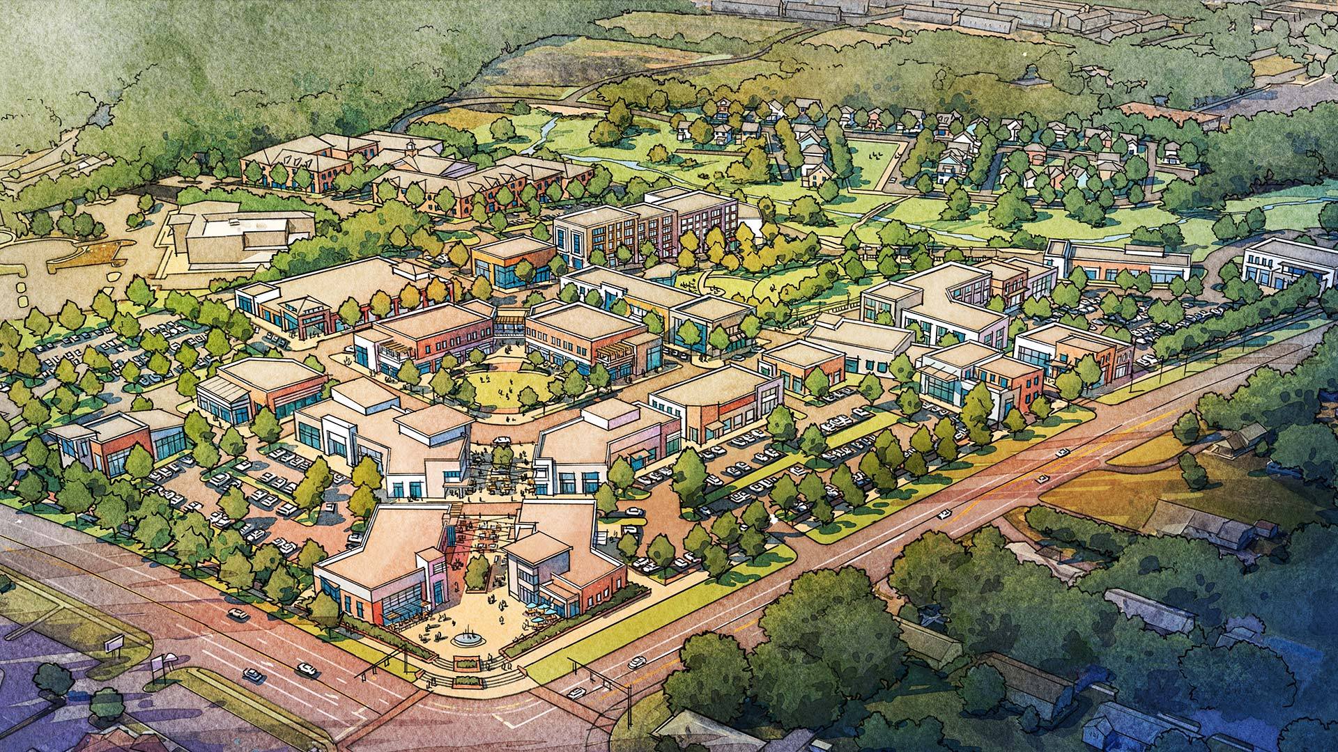 Aerial Rendering of the Susquehanna Union Green Neighborhood, Including Retail, Dining, and Open Space