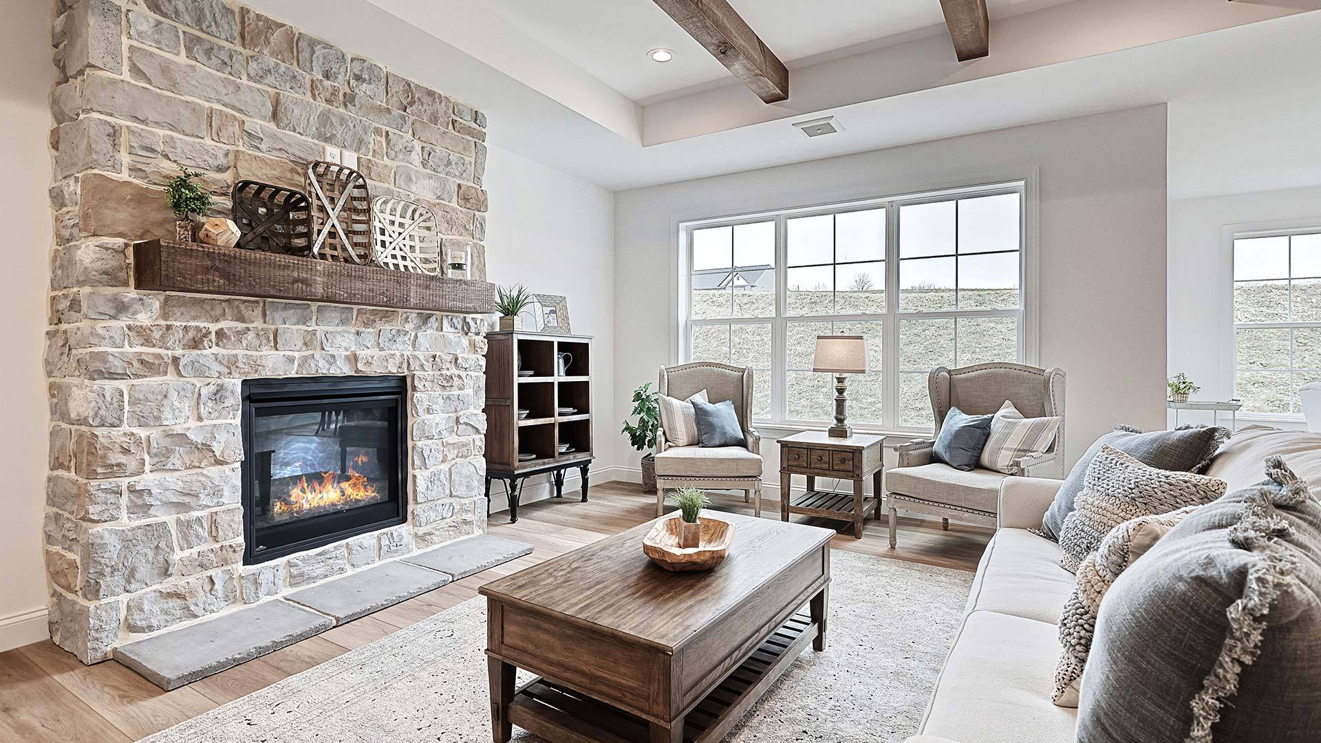Living Room with Fireplace in the Perry New Home in 55+ Community in Lebanon The Crossings at Sweetbriar