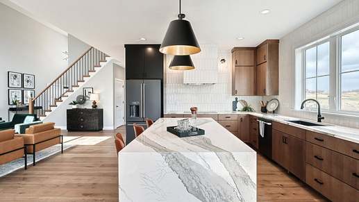 White and Wood Kitchen in the Westbrooke Model Custom Home in Lititz PA by Landmark Homes