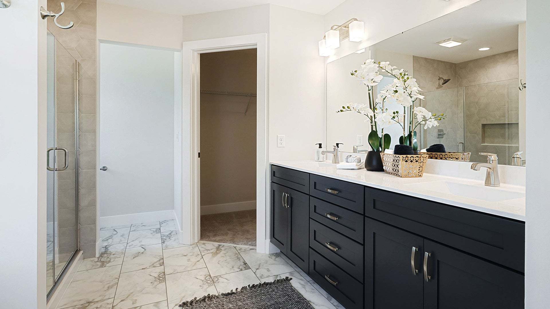 White and Wood Primary Bathroom in the Kingston New Home Plan in Mechanicsburg PA