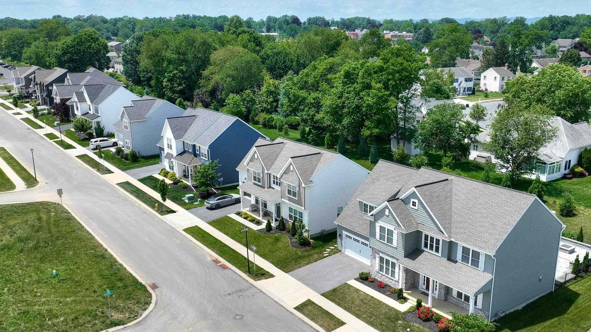 Aerial View of New Single Family Homes in Wrights Landing at Legacy Park New Home Community in Mechanicsburg PA