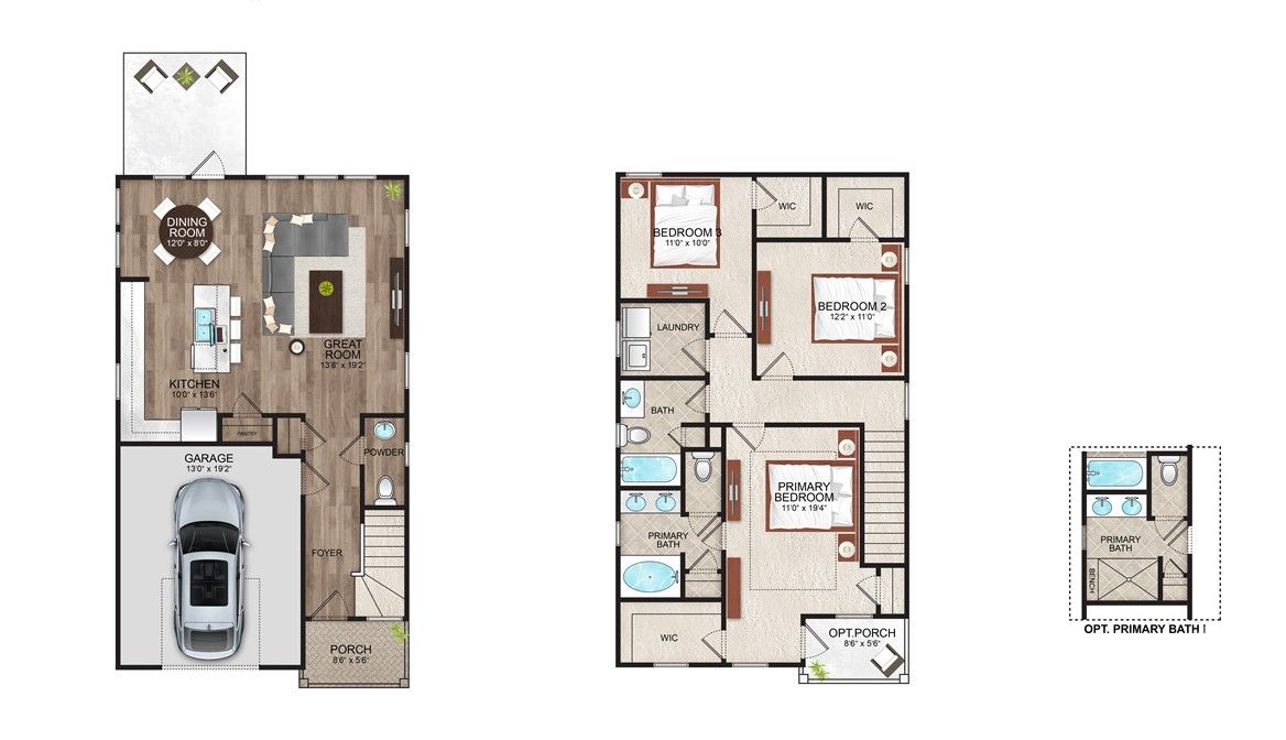 Rendering only. Plan orientation, colors, options/